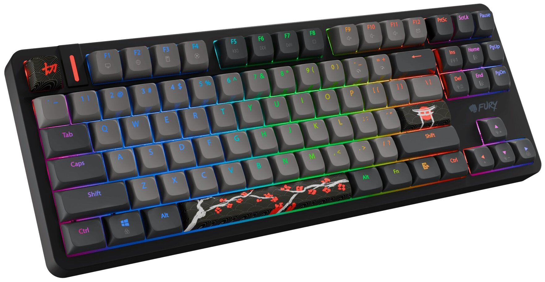 Czarna klawiatura mechaniczna z szarymi klawiszami i kolorowym podświetleniem RGB.