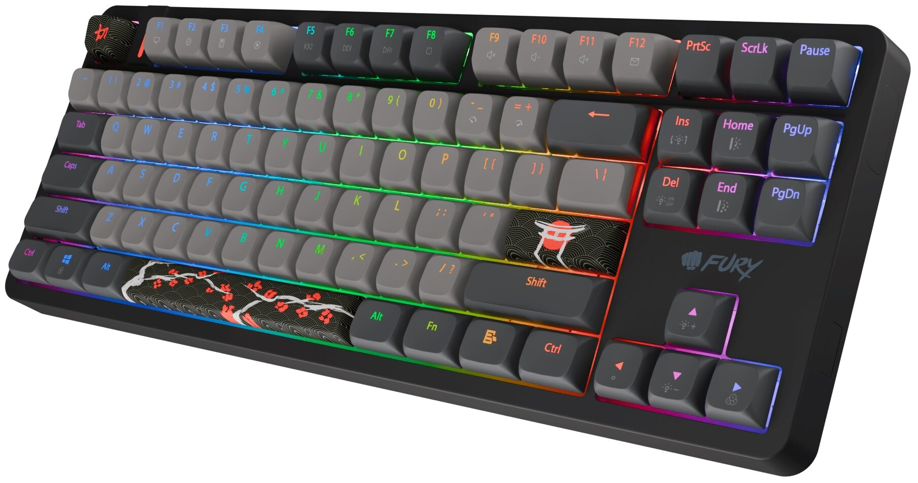 Czarna mechaniczna klawiatura gamingowa z szarymi i wzorzystymi klawiszami oraz podświetleniem RGB.