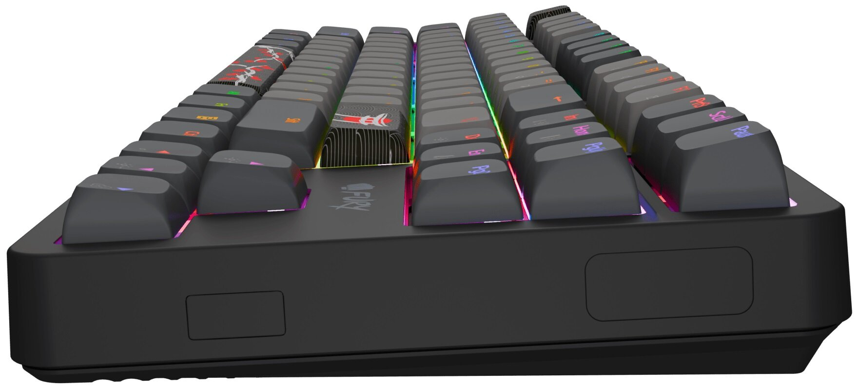 Czarna mechaniczna klawiatura gamingowa z podświetleniem RGB i niestandardowymi nasadkami klawiszy.