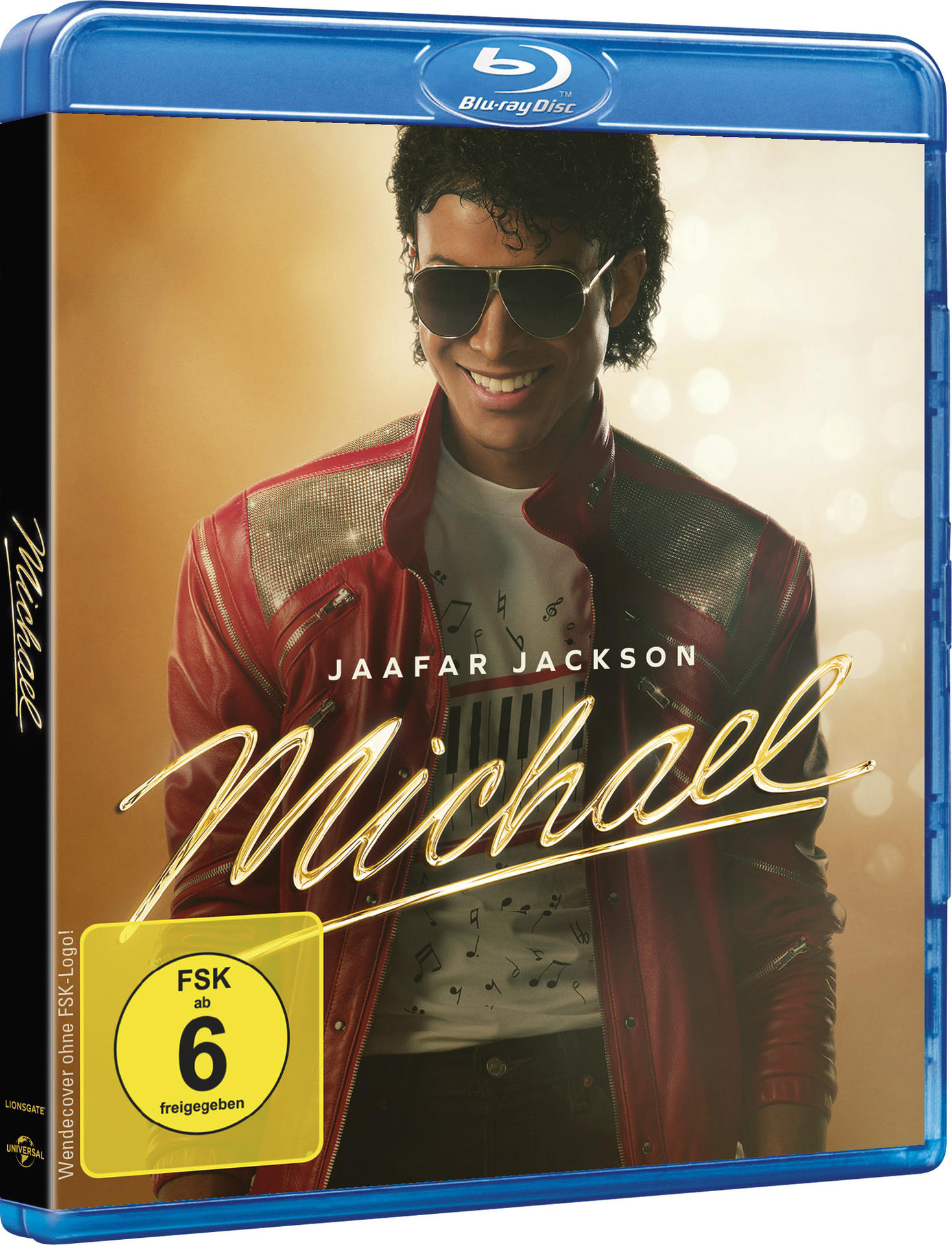 Blu-ray-Hülle mit Jaafar Jackson in roter Jacke und Sonnenbrille vor einem warmen, unscharfen Hintergrund.