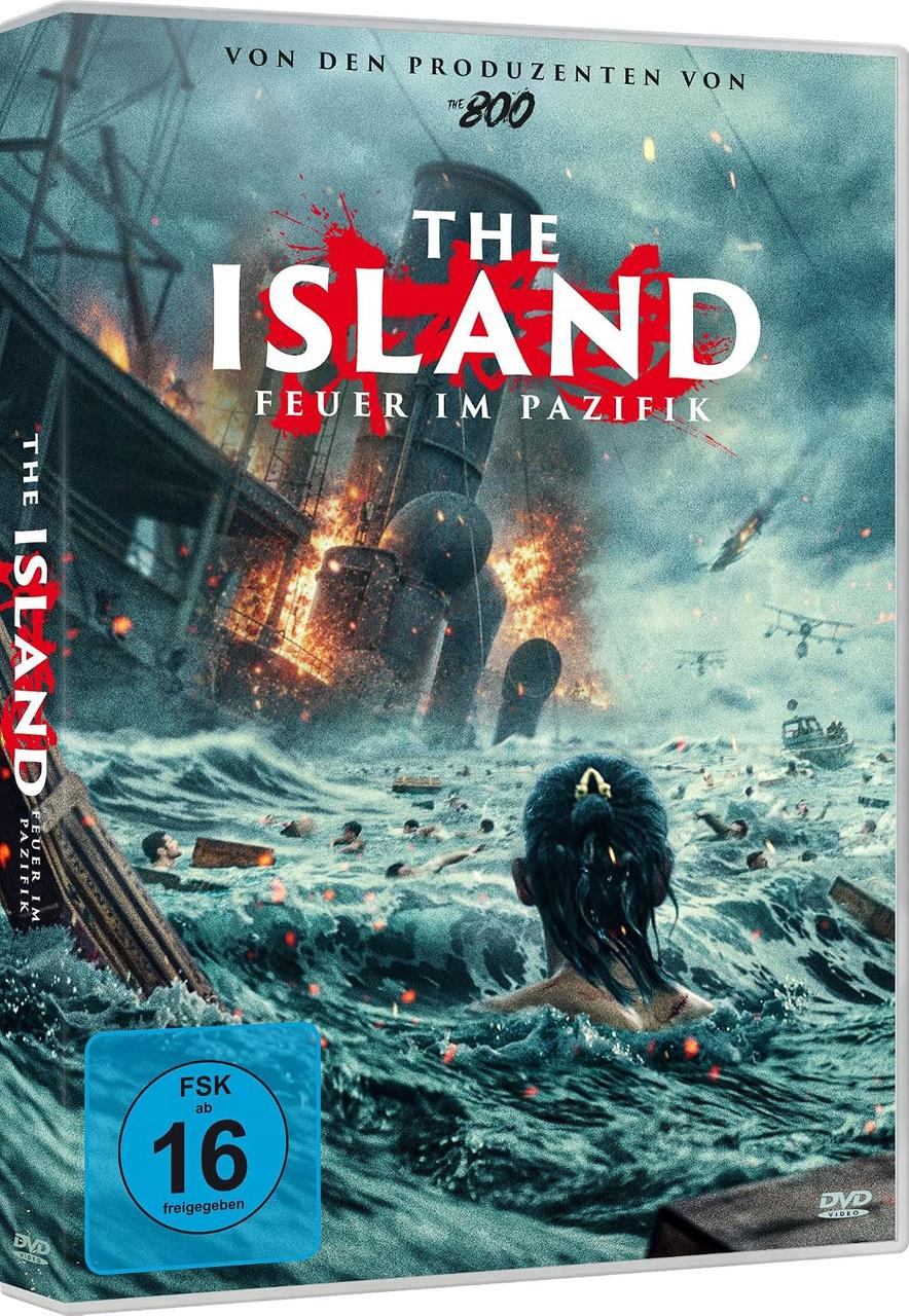 DVD-Cover von The Island - Feuer im Pazifik mit brennendem Schiff und Menschen im stürmischen Ozean.