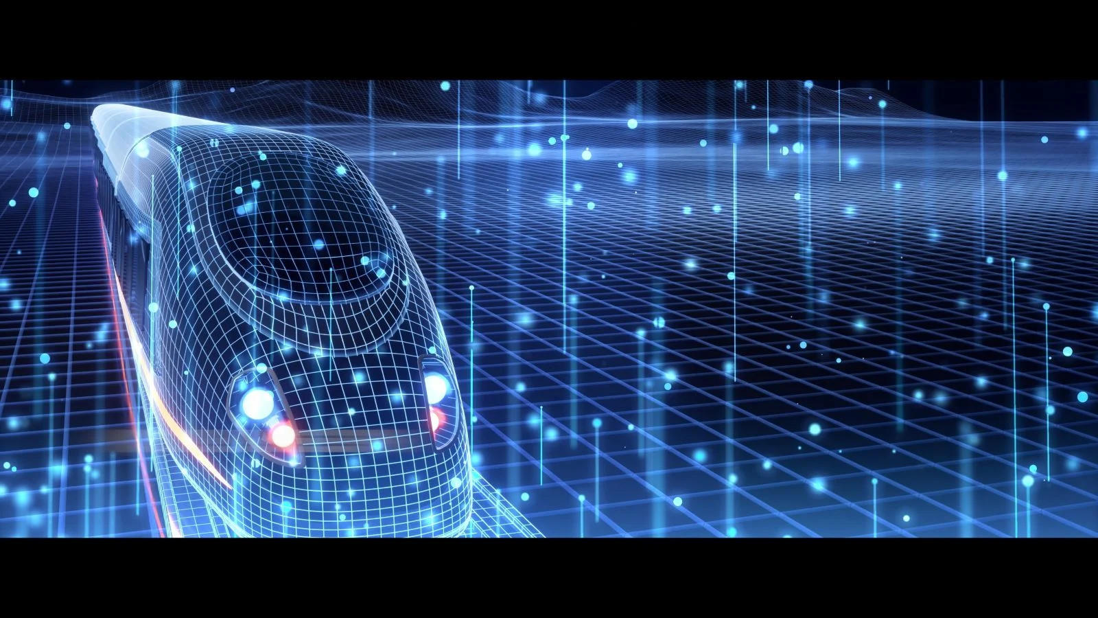 Ein futuristischer Hochgeschwindigkeitszug fährt durch ein blaues digitales Gitternetz mit Lichtpunkten.