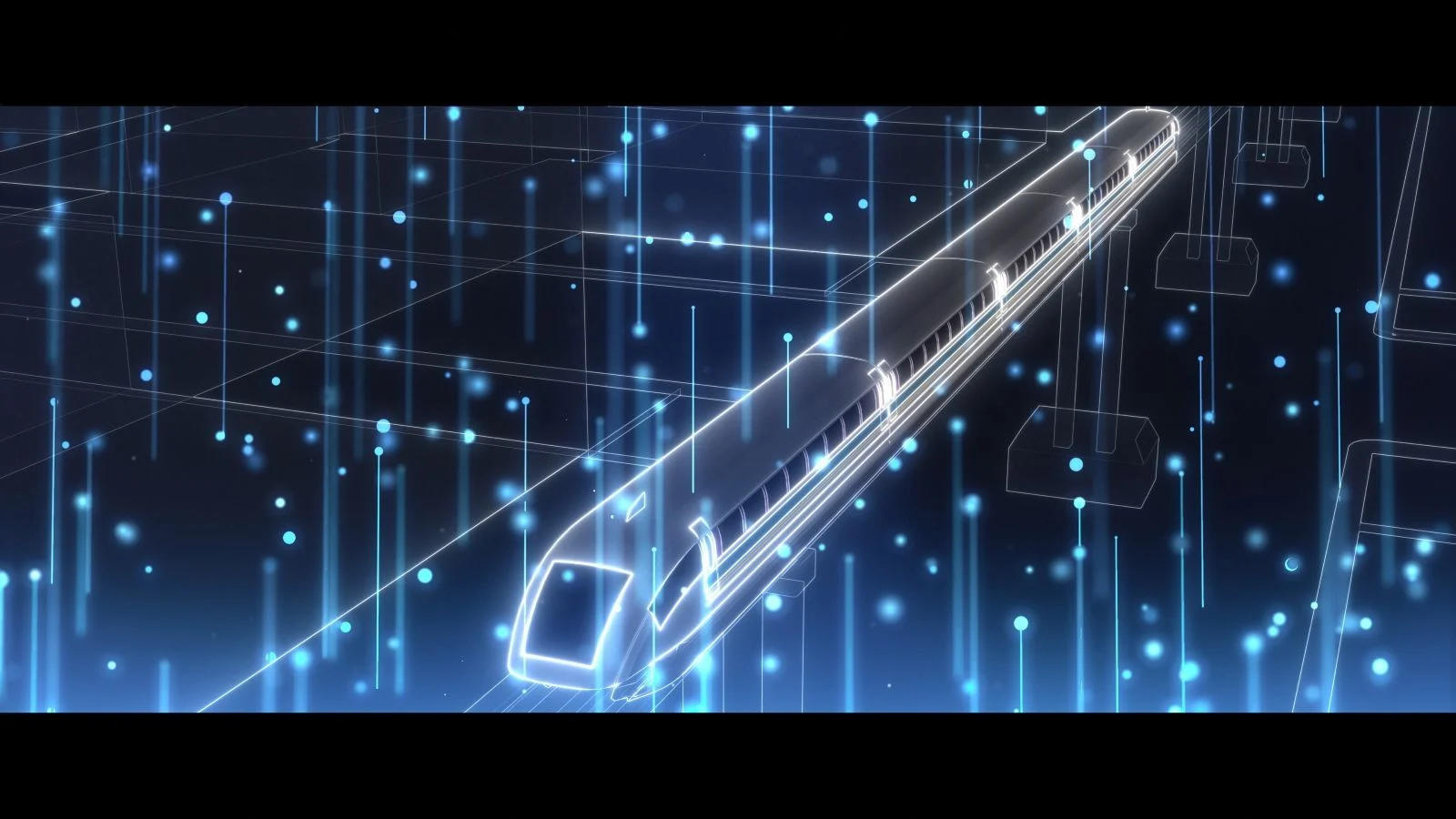Ein futuristischer Hochgeschwindigkeitszug fährt durch ein blaues, digitales Raster mit Lichtern.