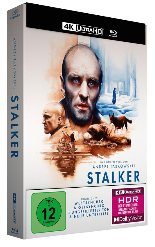 Stalker 4K Ultra HD Blu-ray Cover mit Porträts von Figuren und blauer Akzentuierung.