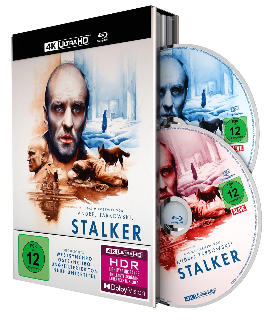 Stalker 4K Ultra HD Blu-ray-Hülle und zwei Discs mit Artbook-Cover und FSK-12-Altersfreigabe.