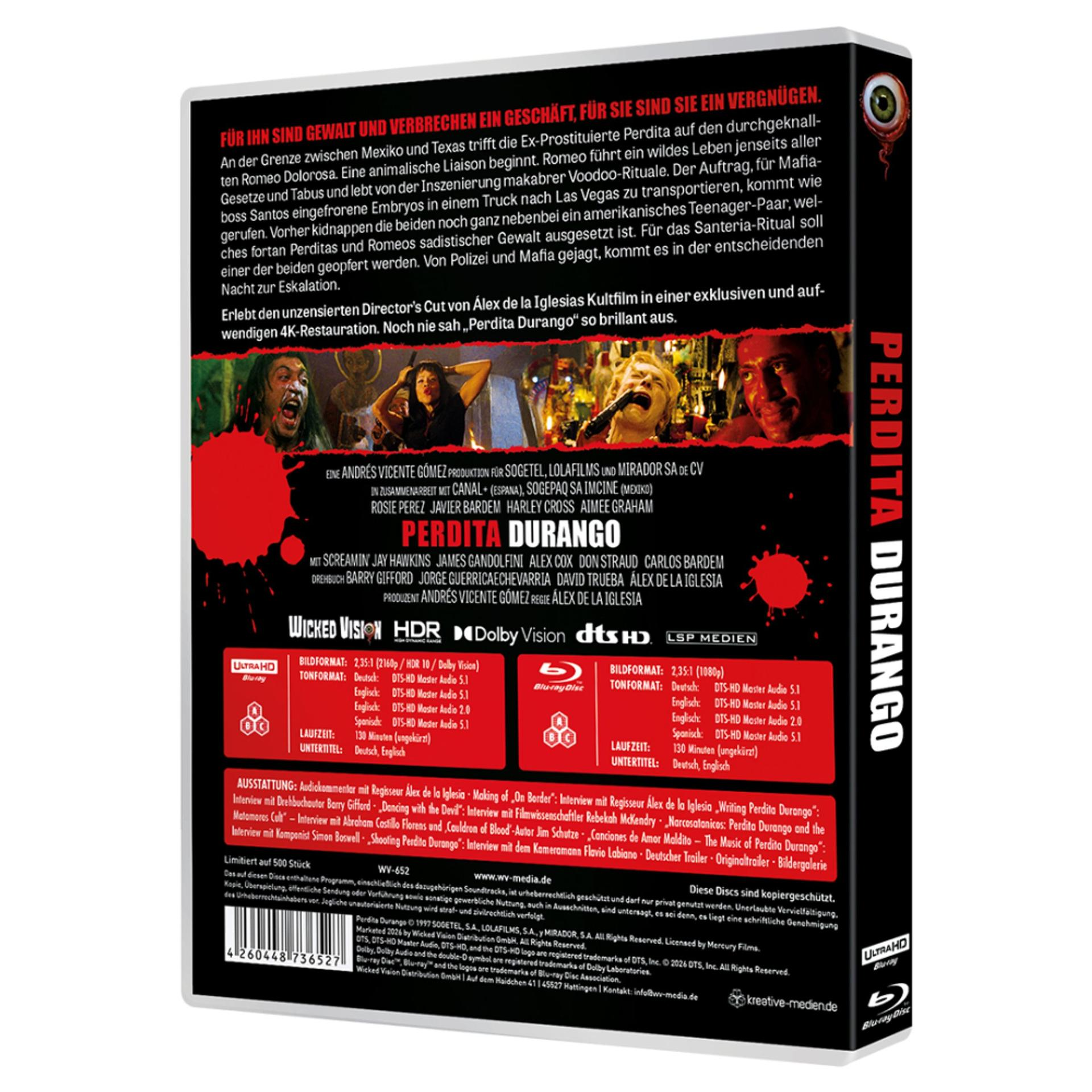 Rückseite der Blu-ray-Hülle von Perdita Durango mit Text, Charakterfotos und roten Blutflecken.