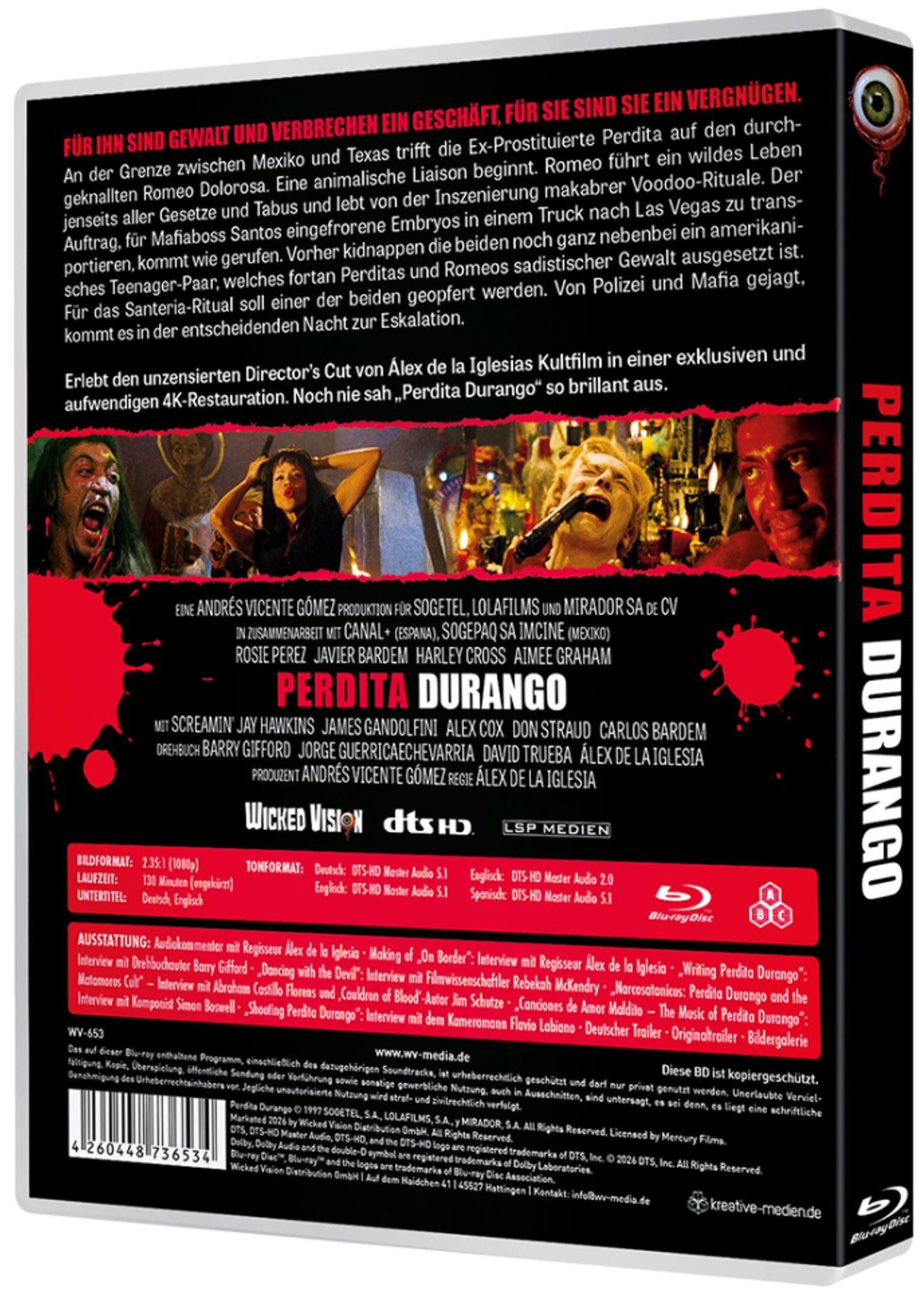 Rückseite der Blu-ray-Hülle des Films Perdita Durango mit deutscher Beschreibung, Szenenbildern und technischen Details.