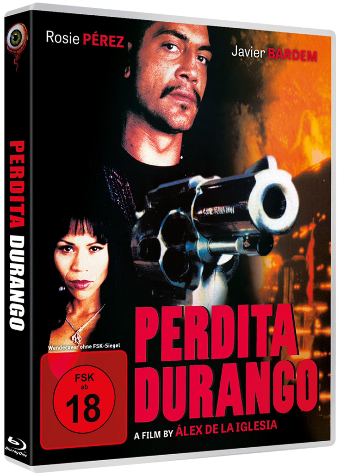 DVD-Cover von Perdita Durango mit Javier Bardem und Rosie Pérez, die eine Waffe hält.