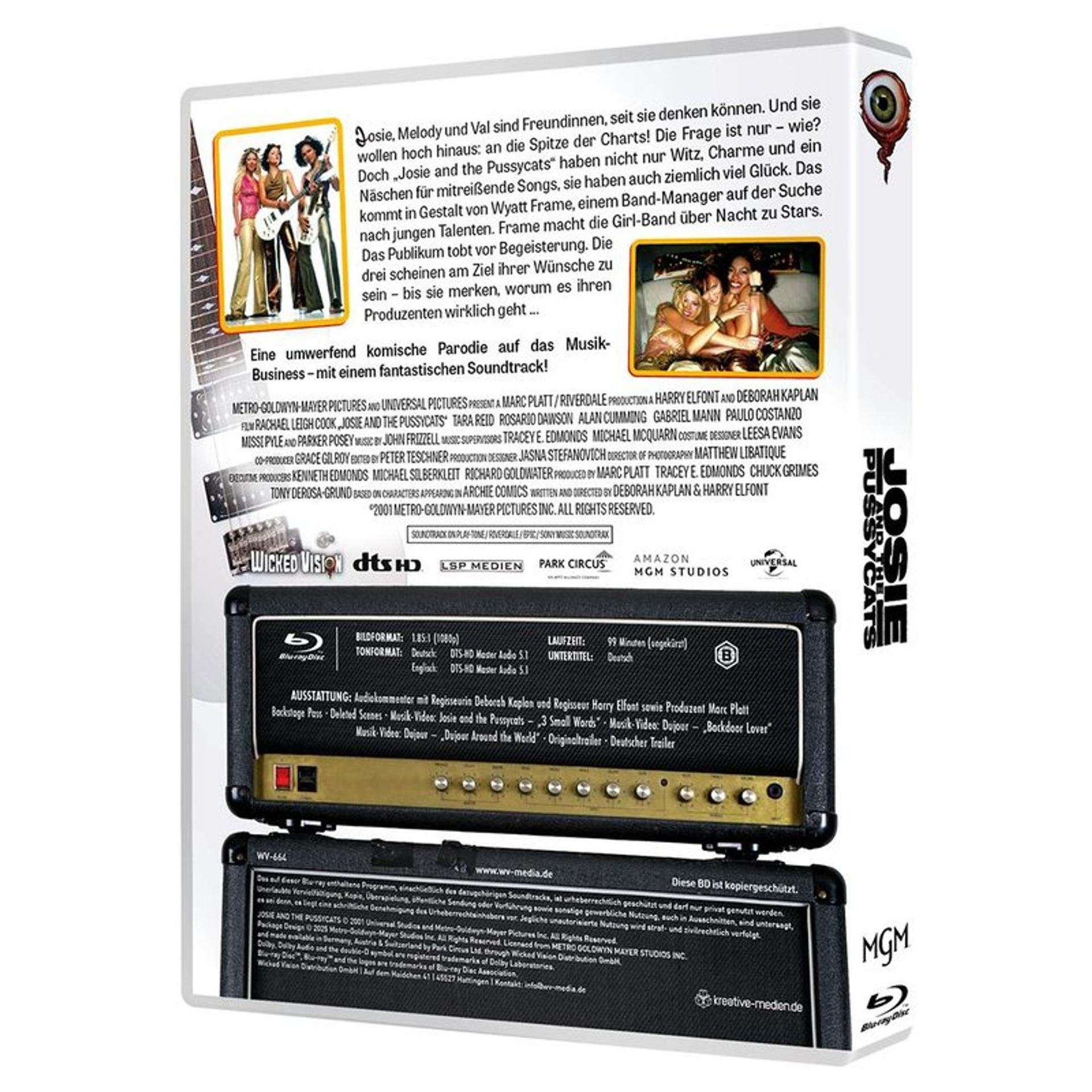 Rückseite der Blu-ray-Hülle von 'Josie and the Pussycats' mit Texten, Fotos und technischen Details.