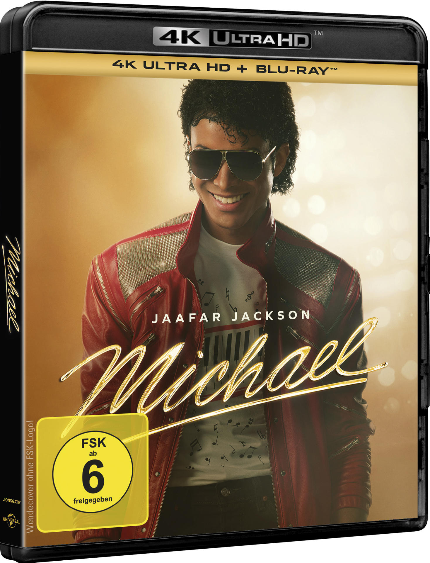 Jaafar Jackson lächelt mit Sonnenbrille und roter Lederjacke auf dem 4K Ultra HD und Blu-ray Cover des Films Michael.