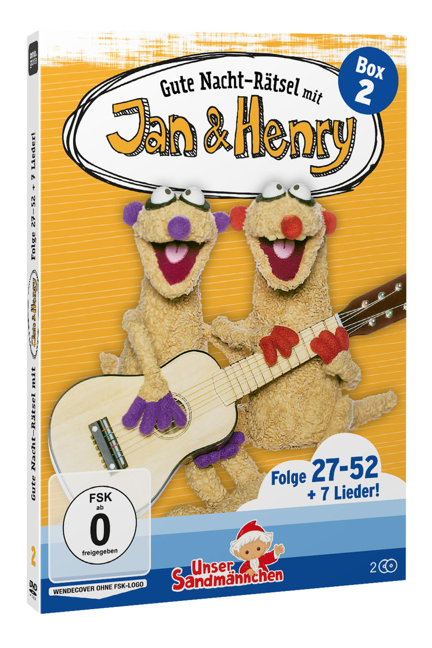 DVD-Cover von Jan & Henry Box 2 mit zwei Stoffpuppen, die zusammen Gitarre spielen, vor orangefarbenem Hintergrund.