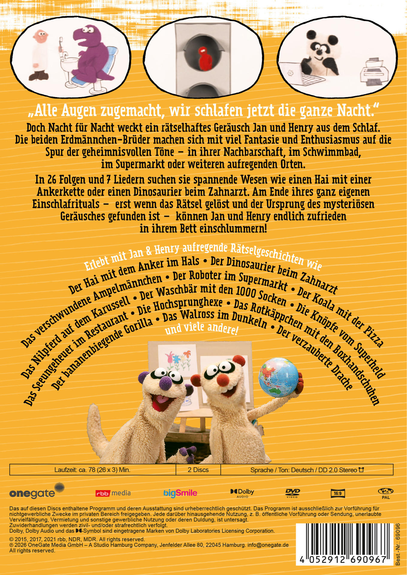 DVD-Cover mit Jan und Henry auf gelbem Hintergrund, Text und kleinen Illustrationen oben.