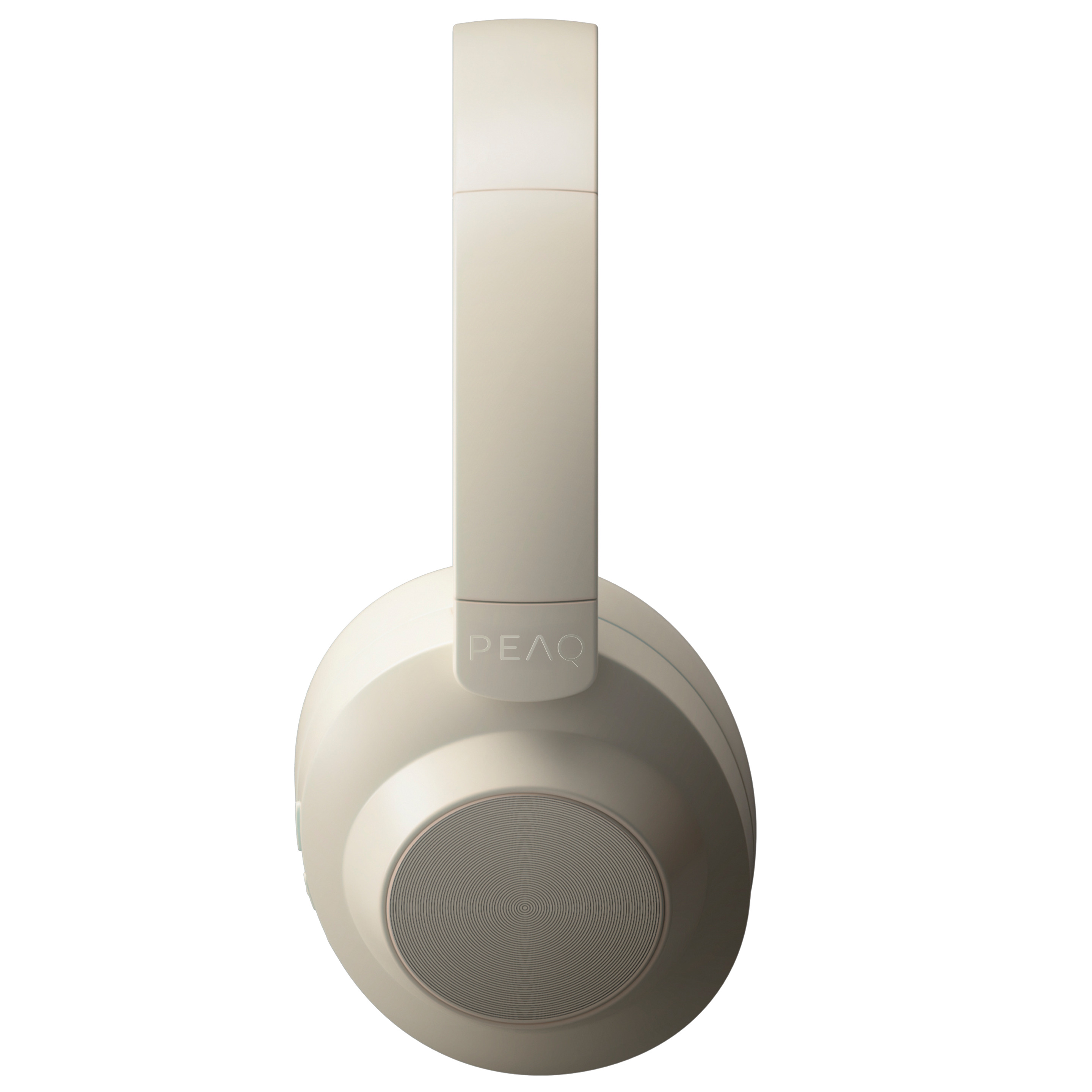 Beigefarbene Over-Ear-Kopfhörer mit PEAQ-Logo und rundem Ohrpolster in Frontalansicht.