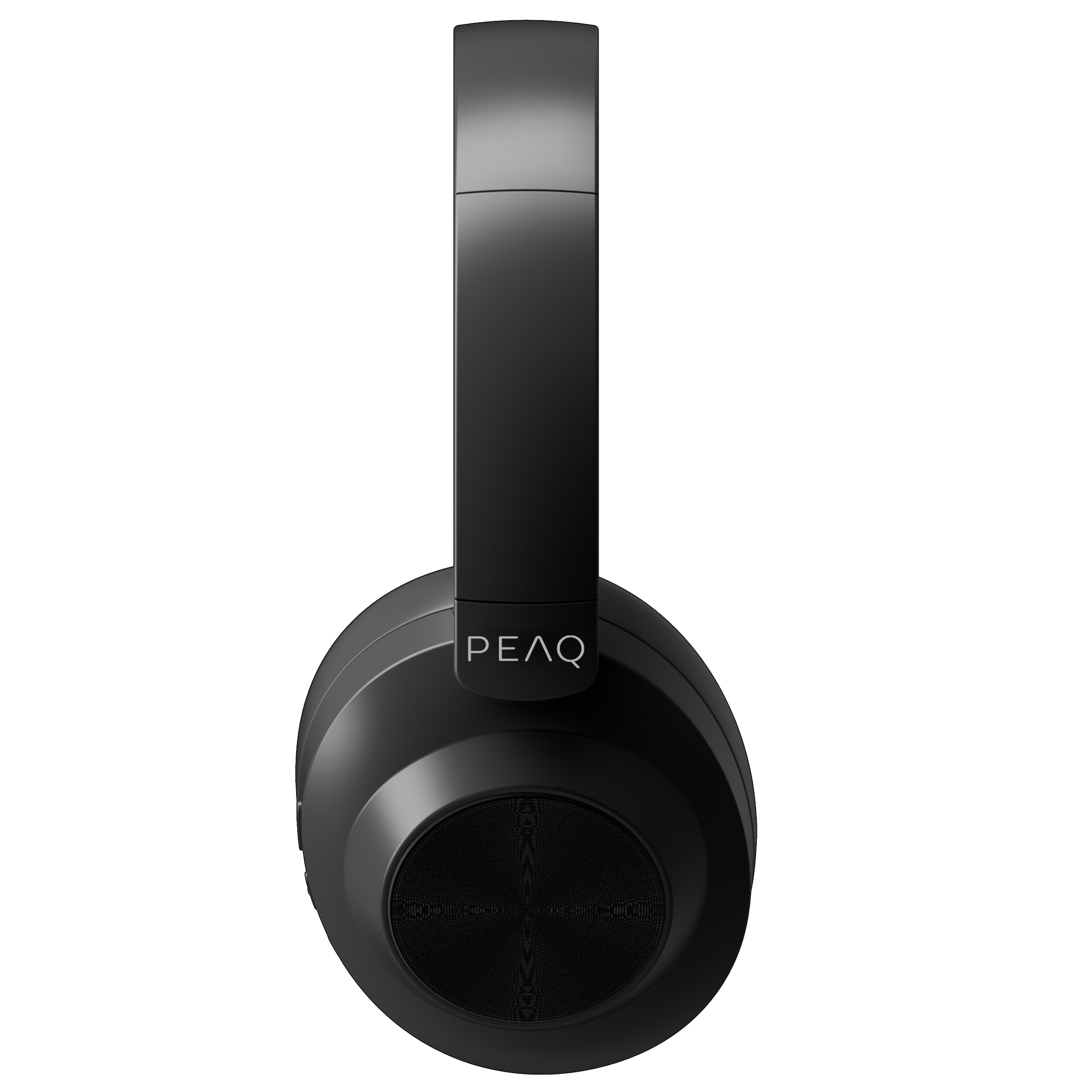 Schwarze Over-Ear-Kopfhörer mit PEAQ-Logo und geriffeltem Ohrpolster in Frontalansicht.
