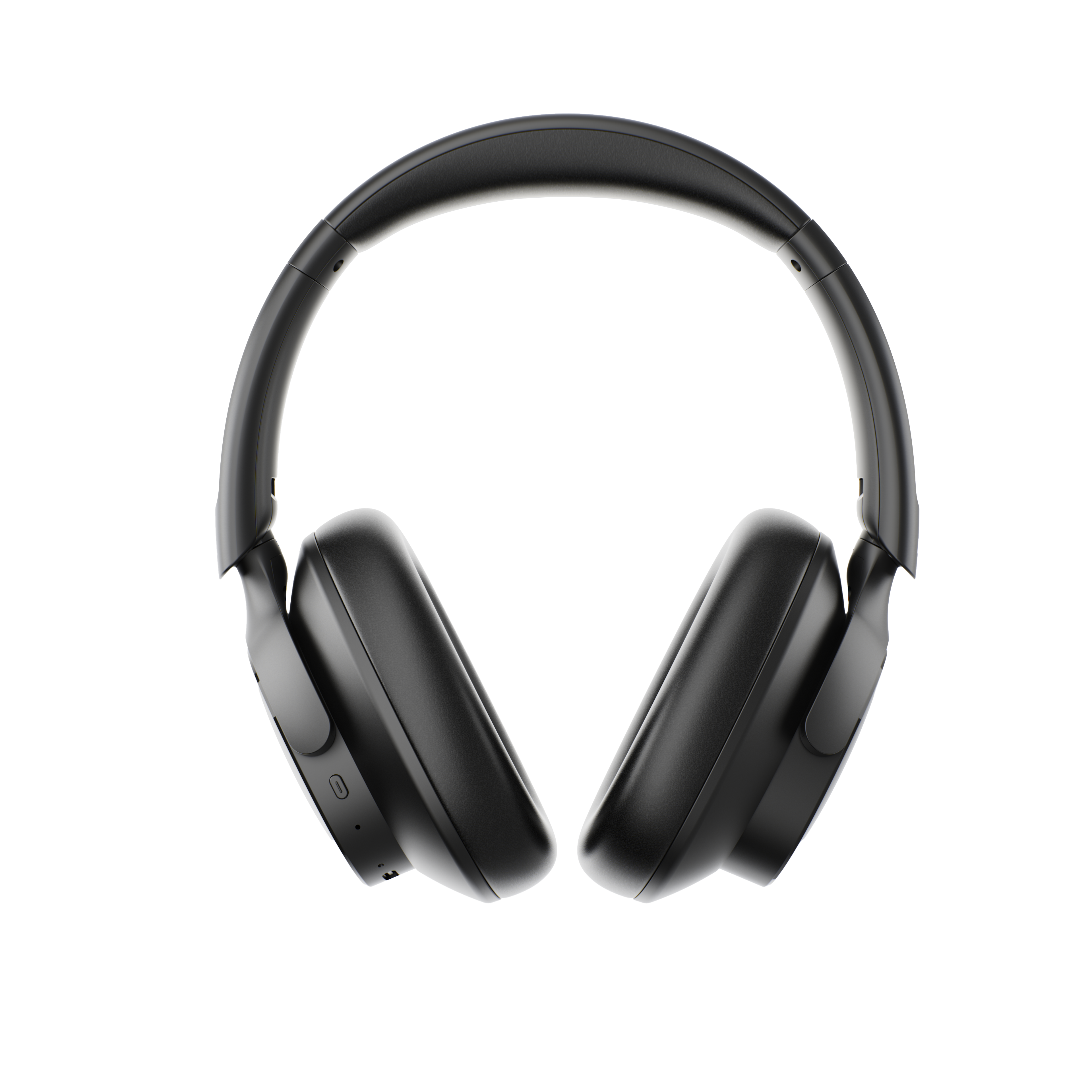 Schwarze Over-Ear-Kopfhörer mit gepolsterten Ohrmuscheln vor schwarzem Hintergrund.