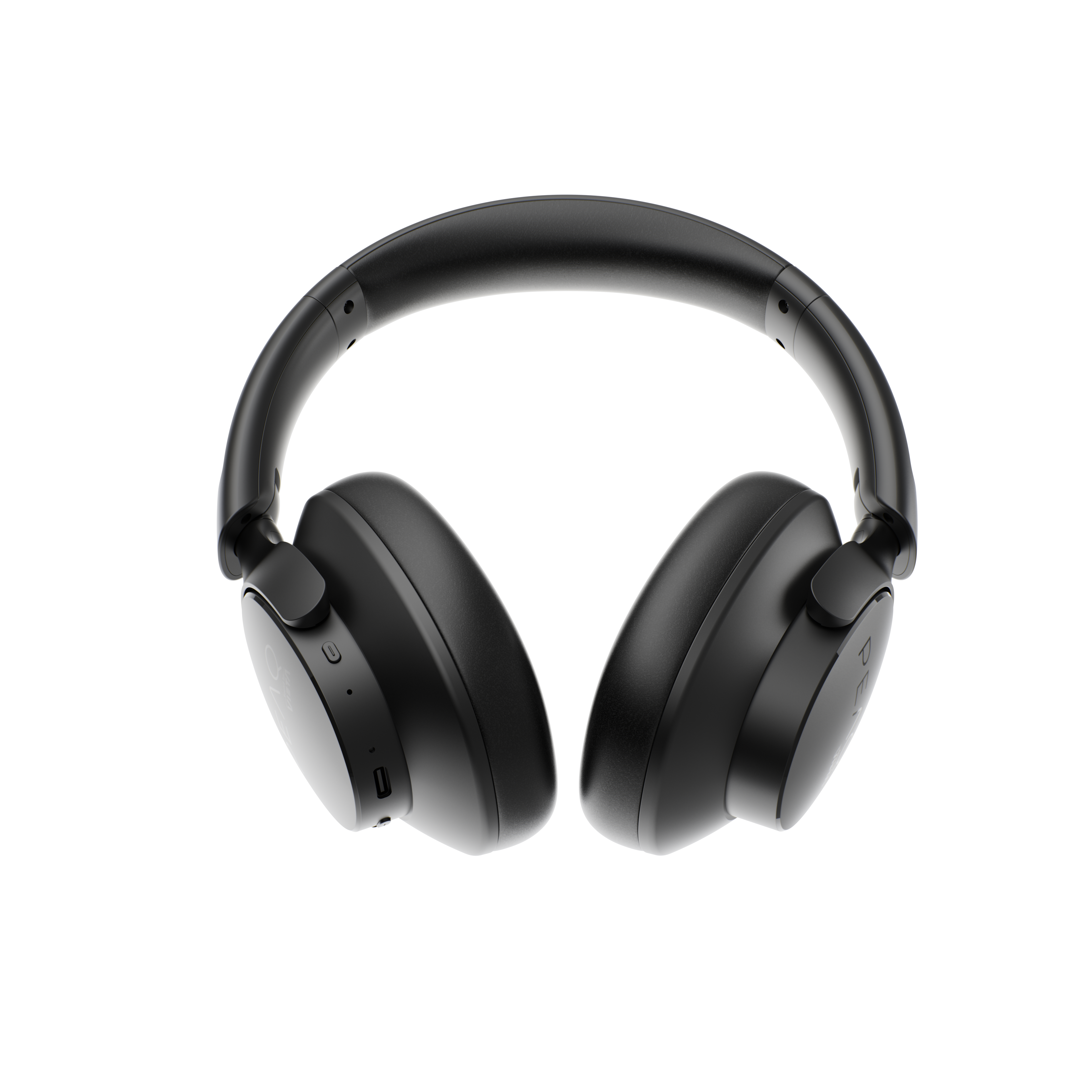 Schwarze Over-Ear-Kopfhörer mit gepolsterten Ohrmuscheln vor schwarzem Hintergrund.