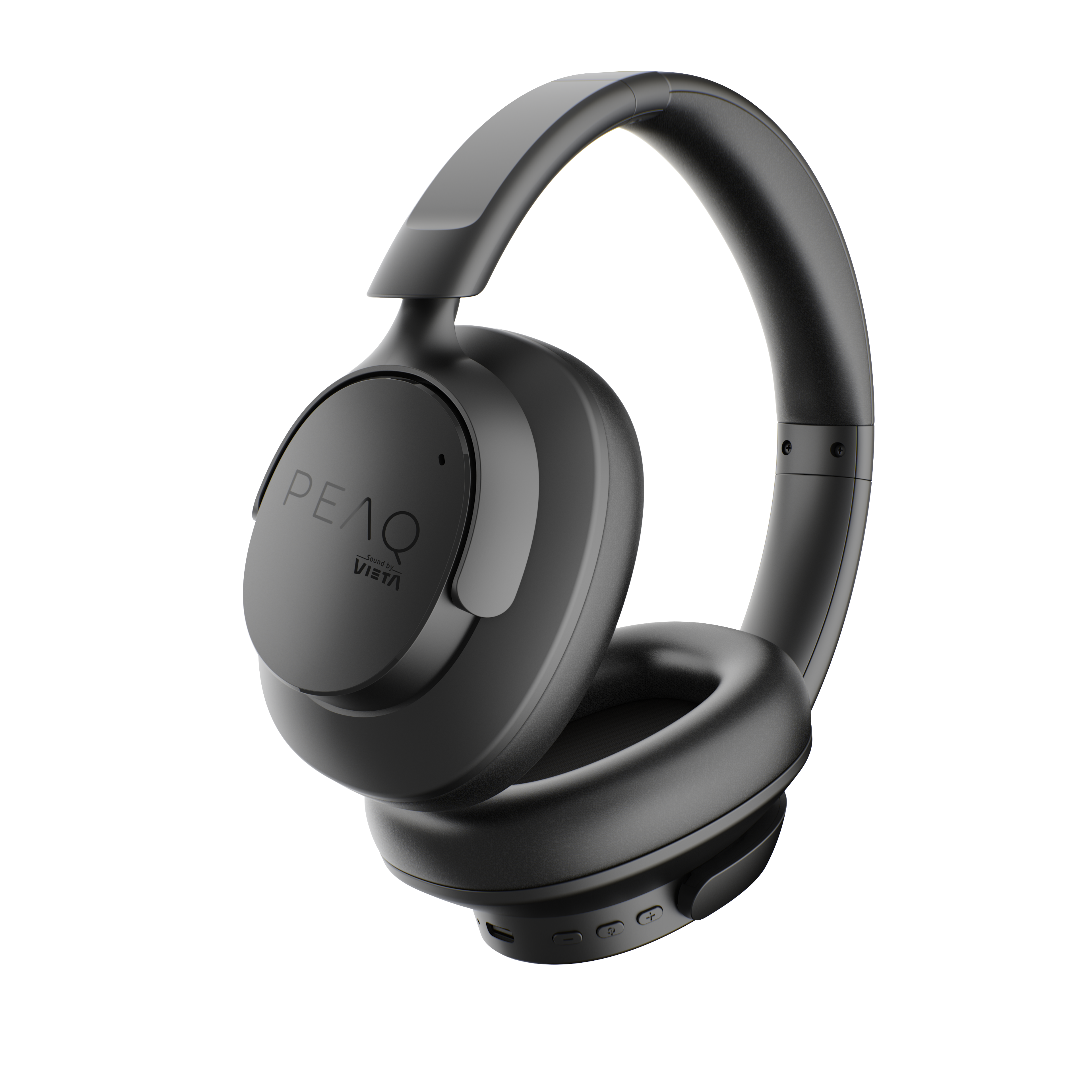 Schwarze Over-Ear-Kopfhörer mit PEAQ-Logo und Knöpfen an der Unterseite vor schwarzem Hintergrund.