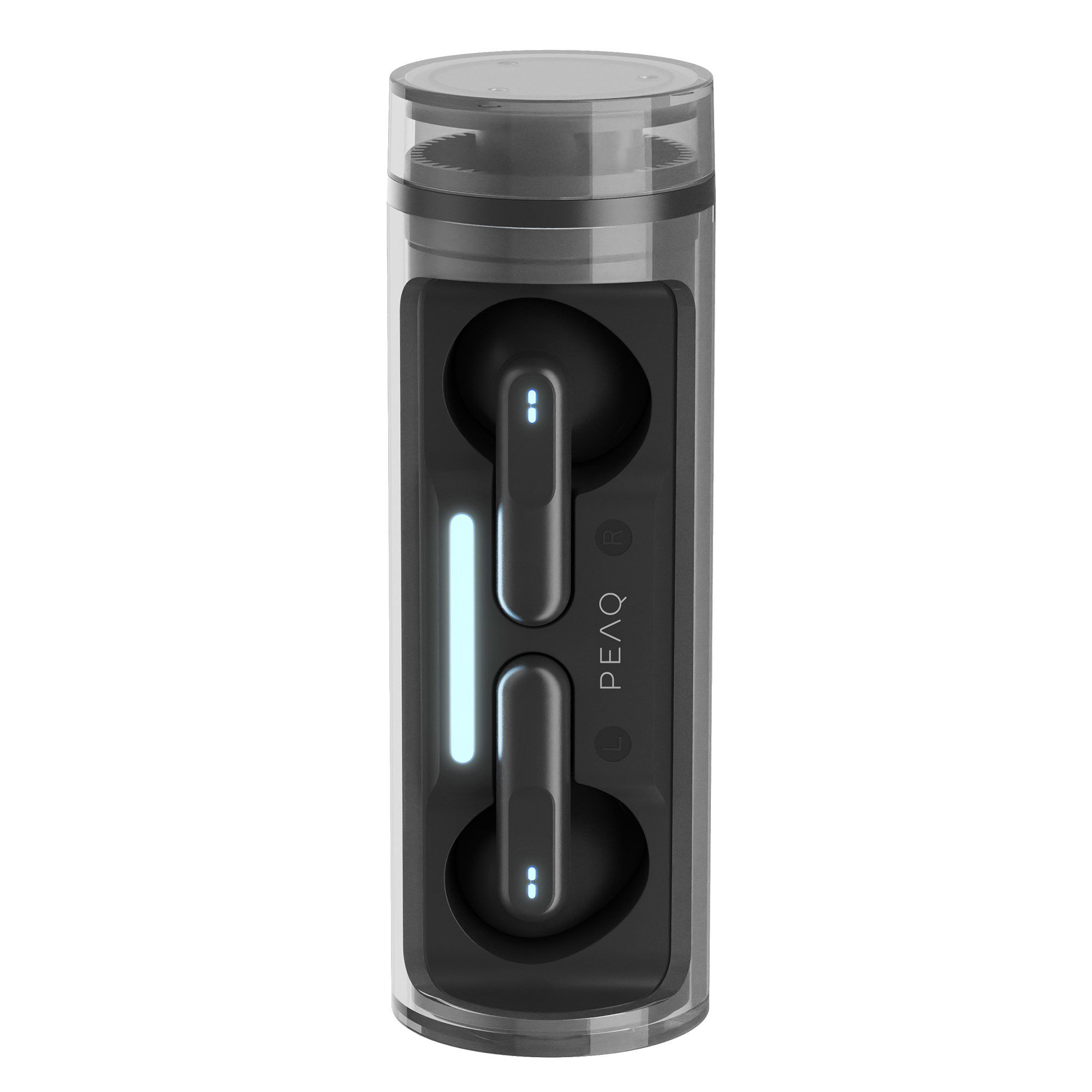 Ein zylindrisches, schwarzes Ladecase mit transparenten Enden enthält zwei kabellose Ohrhörer mit leuchtend blauen LEDs.