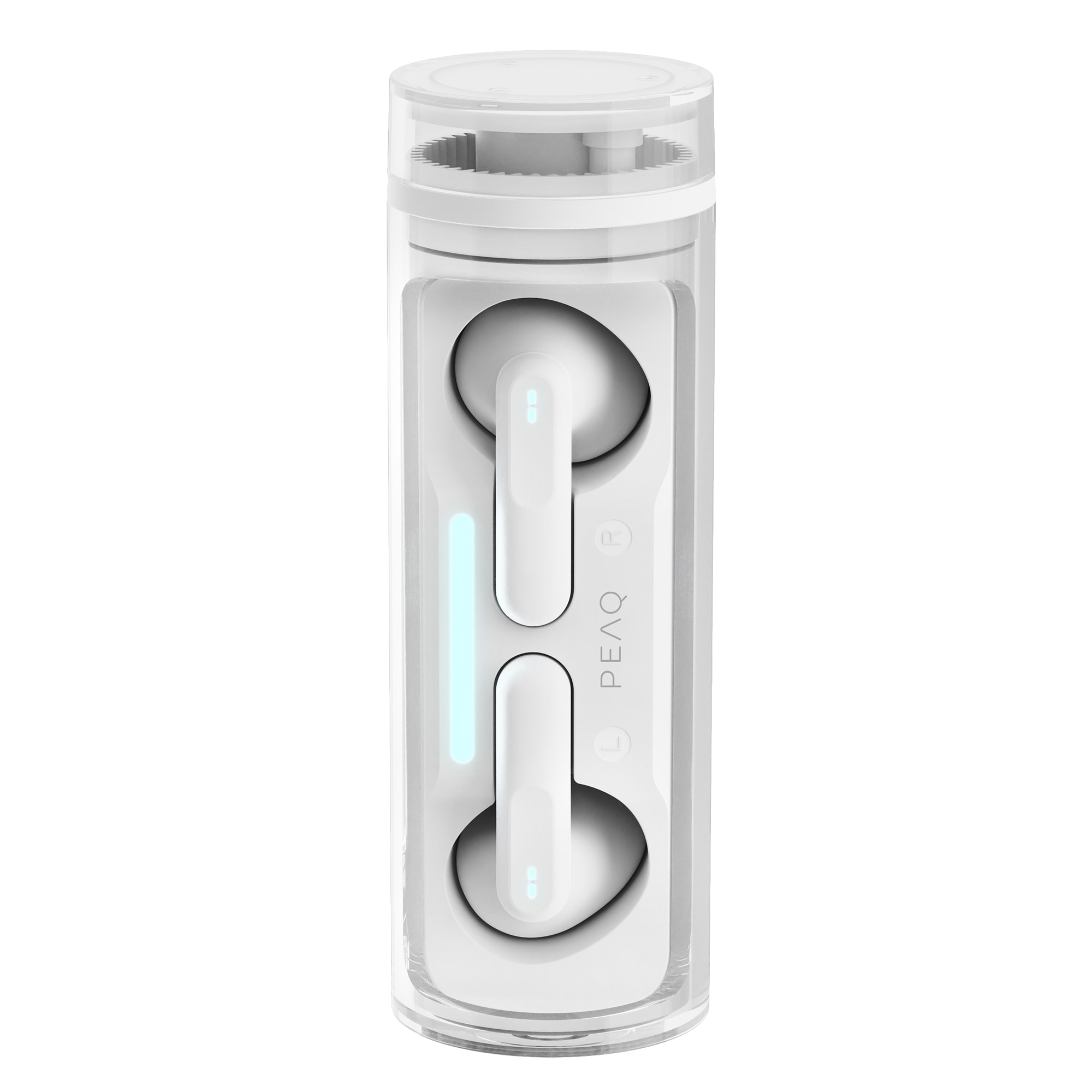 Ein zylindrisches, weißes Ladecase mit transparentem Deckel enthält kabellose Kopfhörer mit blauen LED-Leuchten.