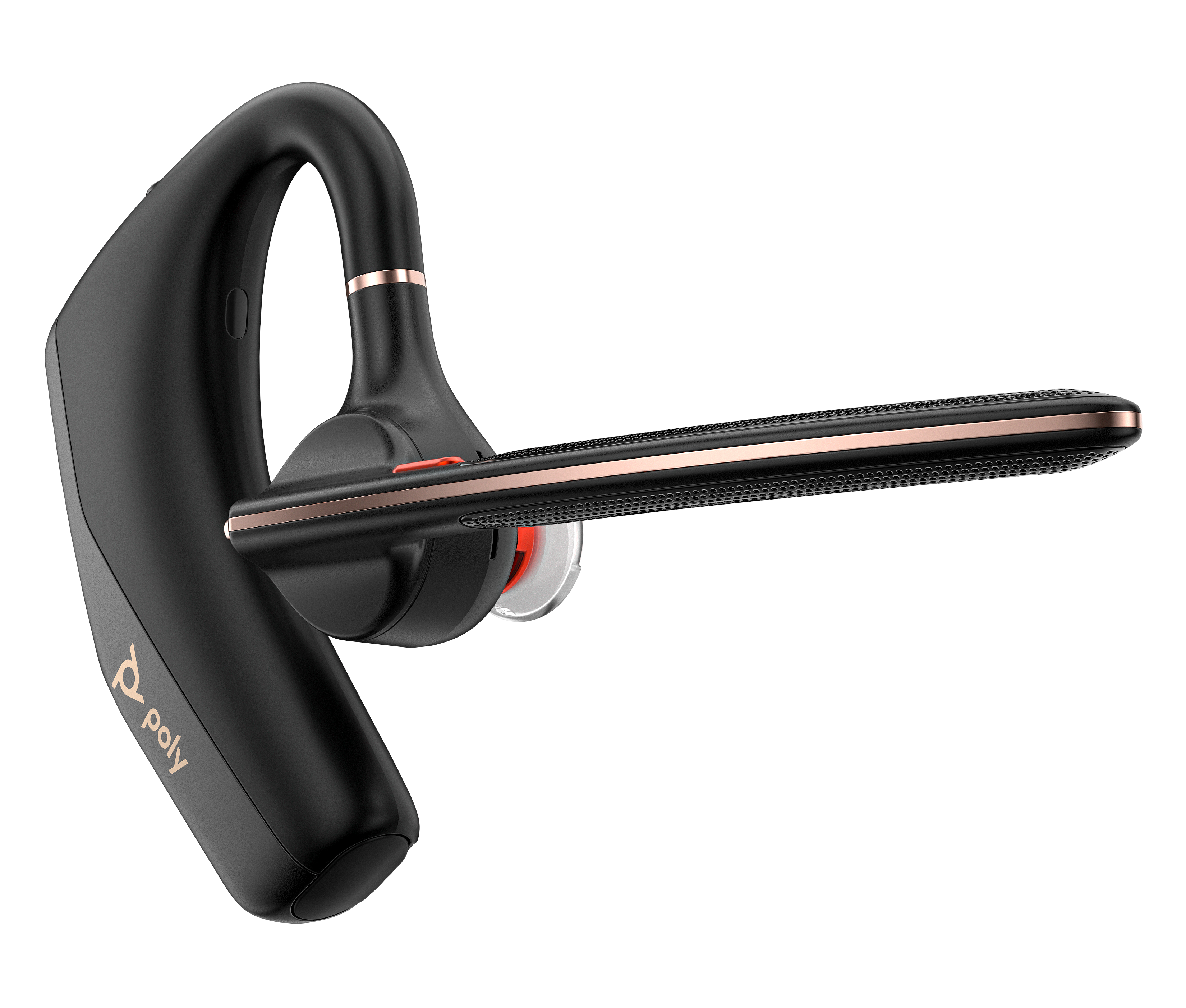 Ein schwarzes Poly-Bluetooth-Headset mit einem langen Mikrofonarm und roségoldenen Akzenten vor schwarzem Hintergrund.