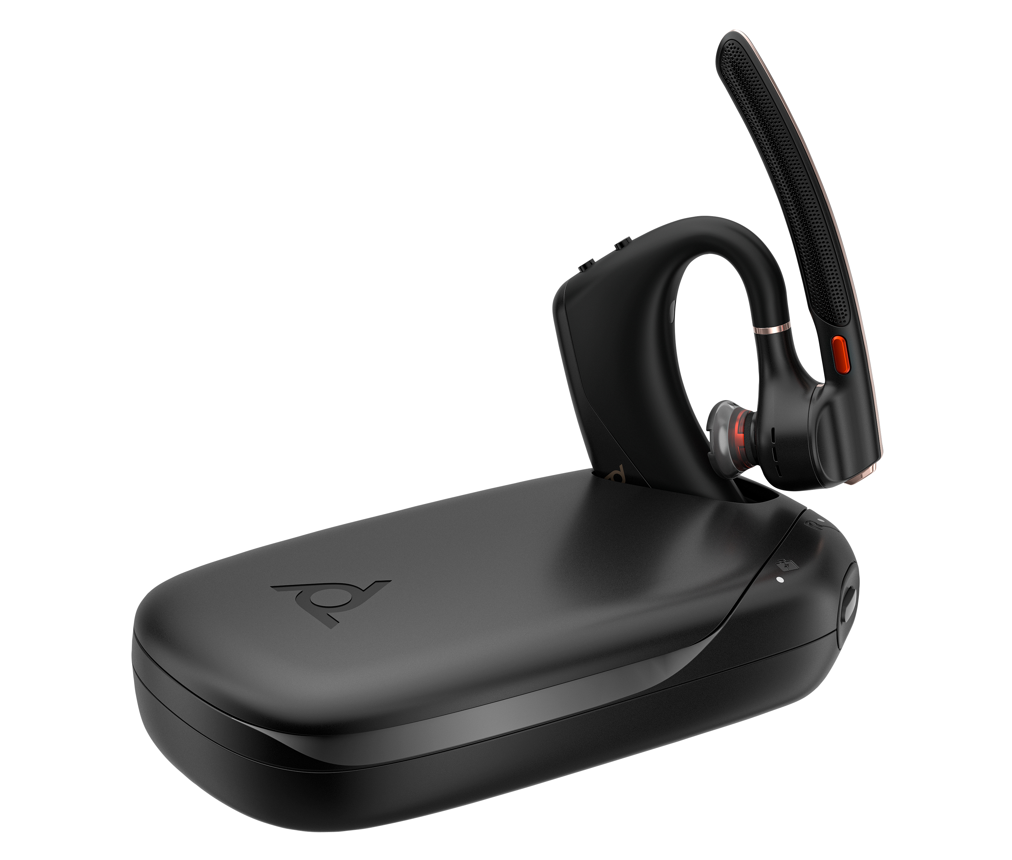Ein schwarzes Bluetooth-Headset mit Ladecase vor schwarzem Hintergrund.