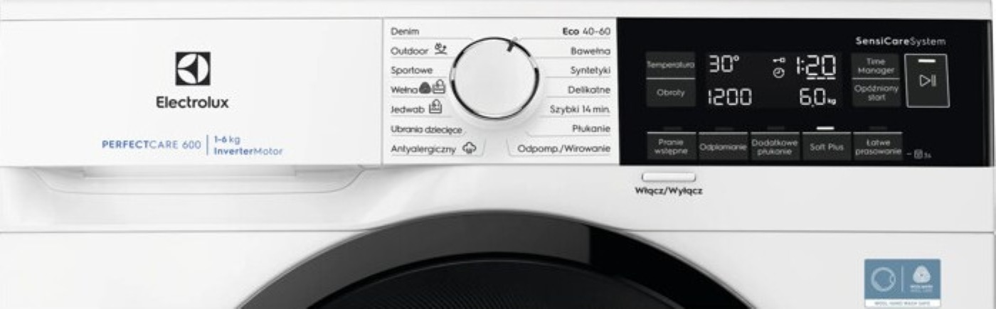 Panel sterowania białej pralki Electrolux PerfectCare 600 z pokrętłem programów, wyświetlaczem LED i przyciskami.