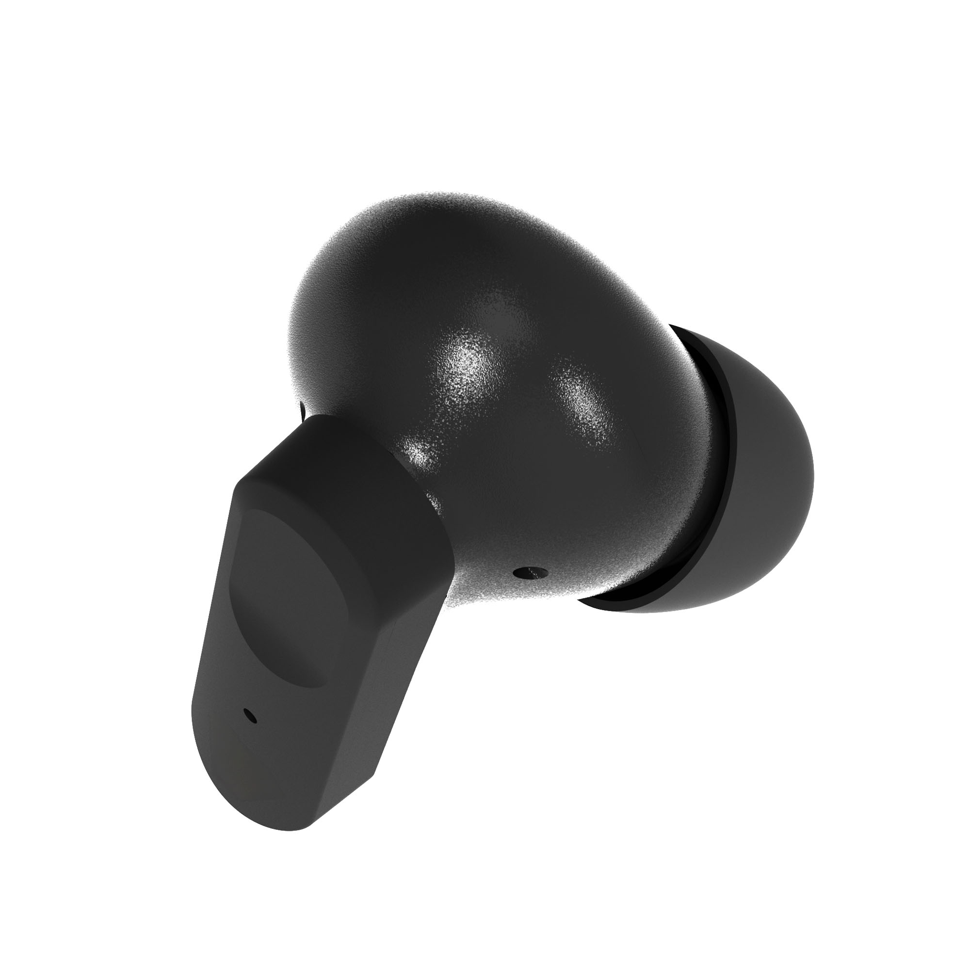 Ein einzelner schwarzer kabelloser In-Ear-Kopfhörer vor weißem Hintergrund.