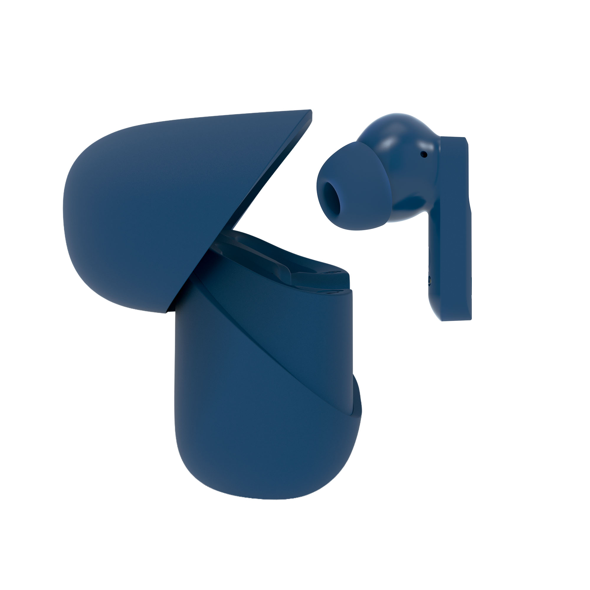 Blaue kabellose Ohrhörer und Ladeetui auf weißem Hintergrund.