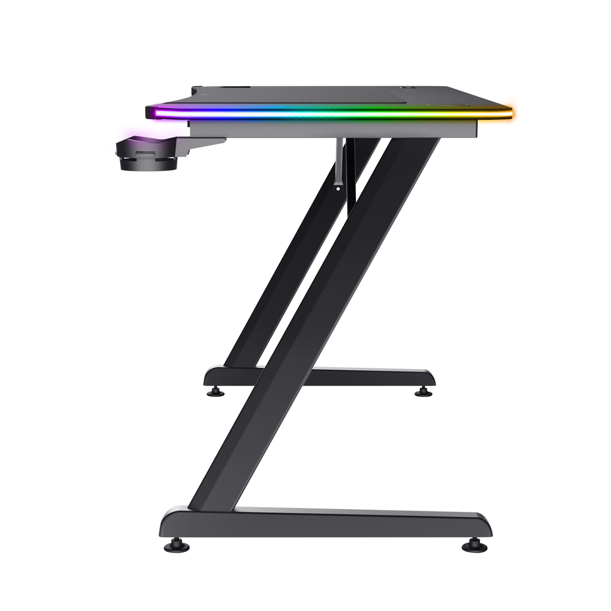Schwarzer Gaming-Schreibtisch mit Z-förmigen Beinen und RGB-Beleuchtung am Rand.