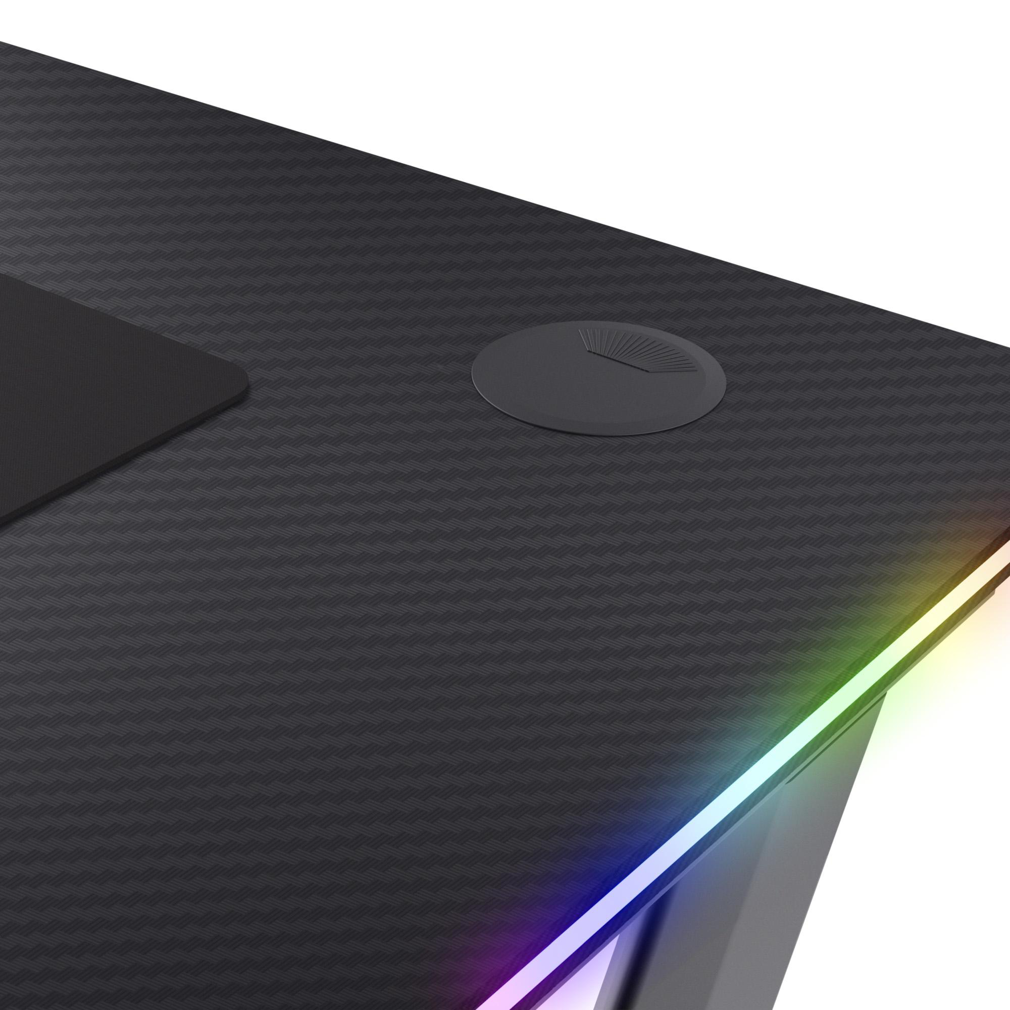 Schwarzer Kohlefaser-Schreibtisch mit kreisförmiger Kabelöffnung und integrierter RGB-Beleuchtung.