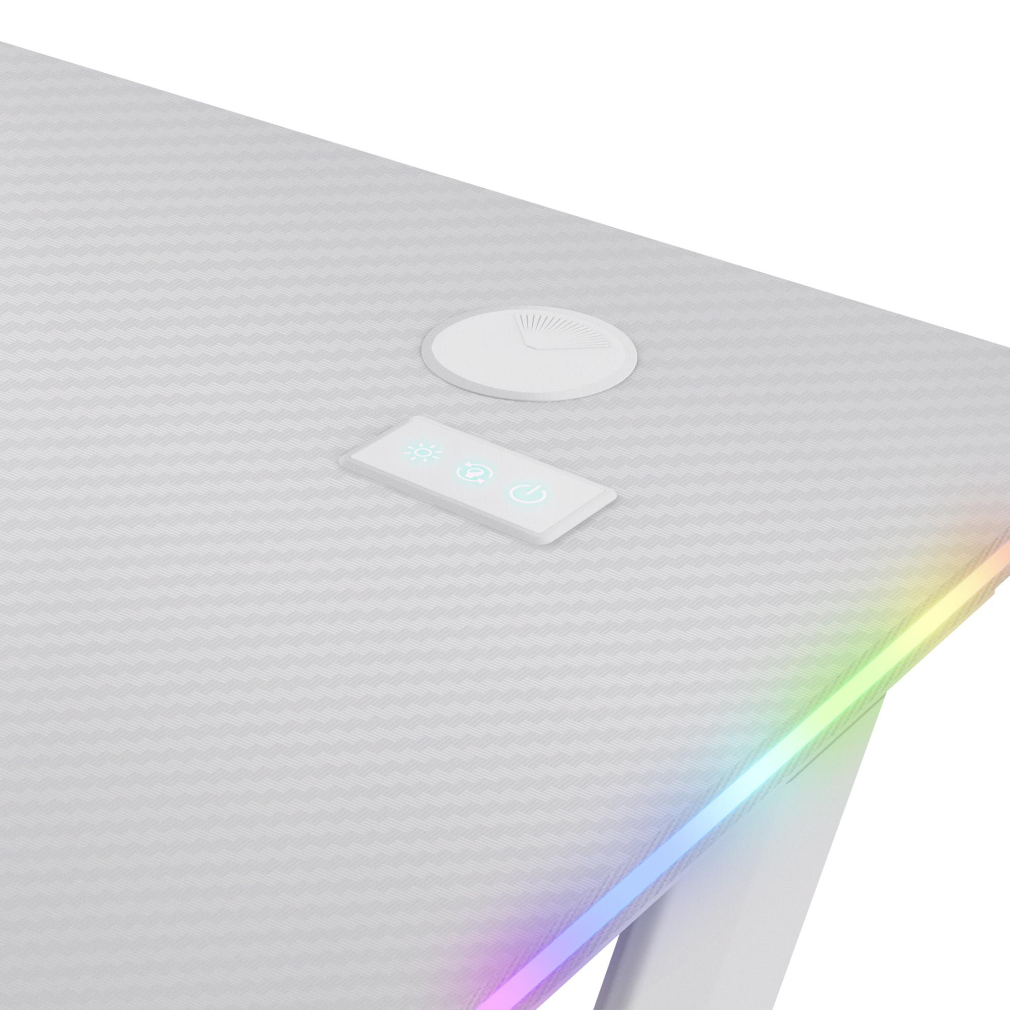 Nahaufnahme einer weißen Schreibtischoberfläche mit integrierten Steuertasten, Kabeldurchführung und RGB-Beleuchtung.