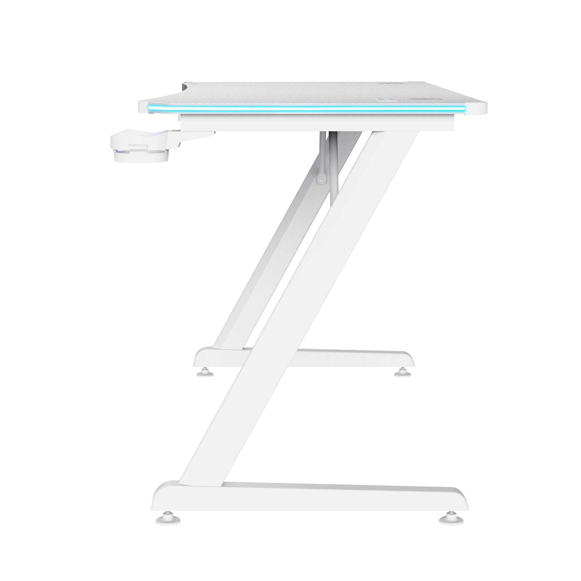 Ein weißer Gaming-Schreibtisch mit Z-förmigen Beinen und LED-Beleuchtung in einer Seitenansicht.