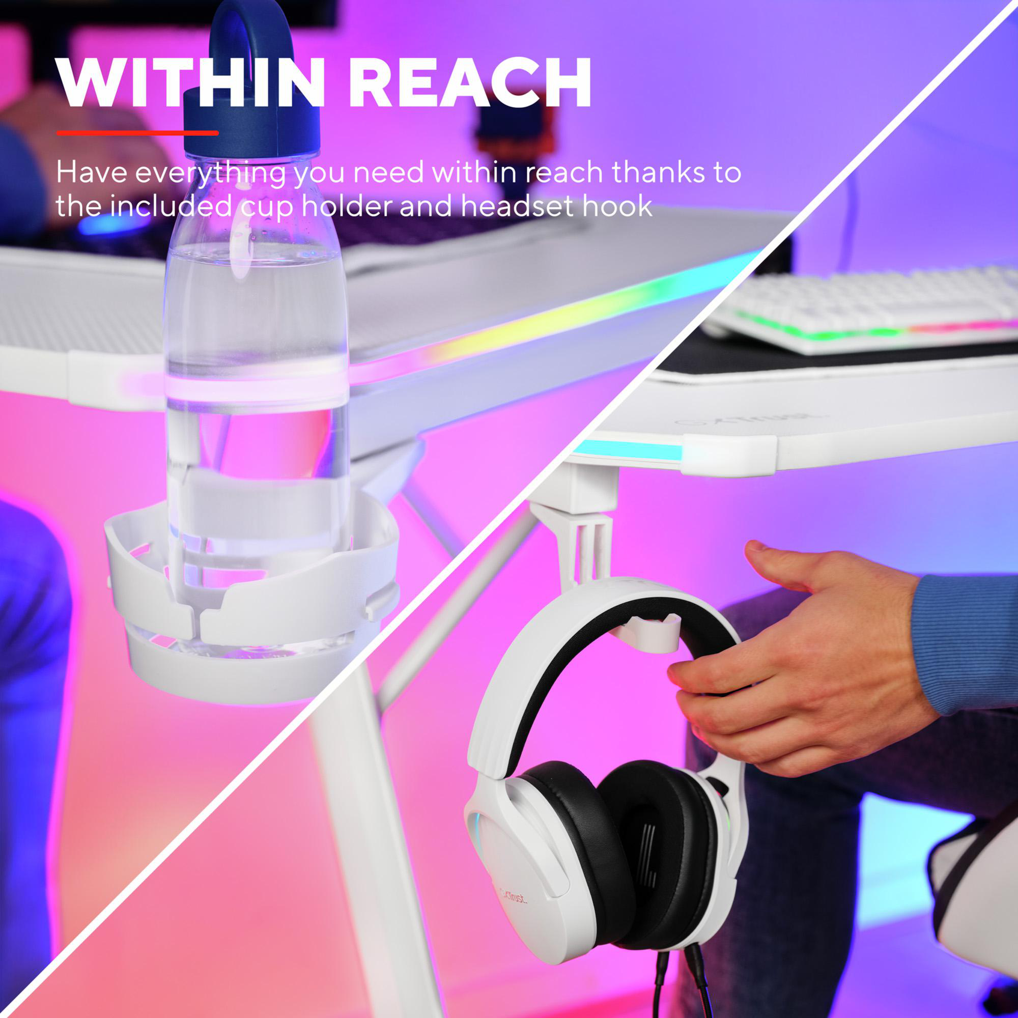Ein weißer Gaming-Schreibtisch mit Getränkehalter und Headset-Halterung.