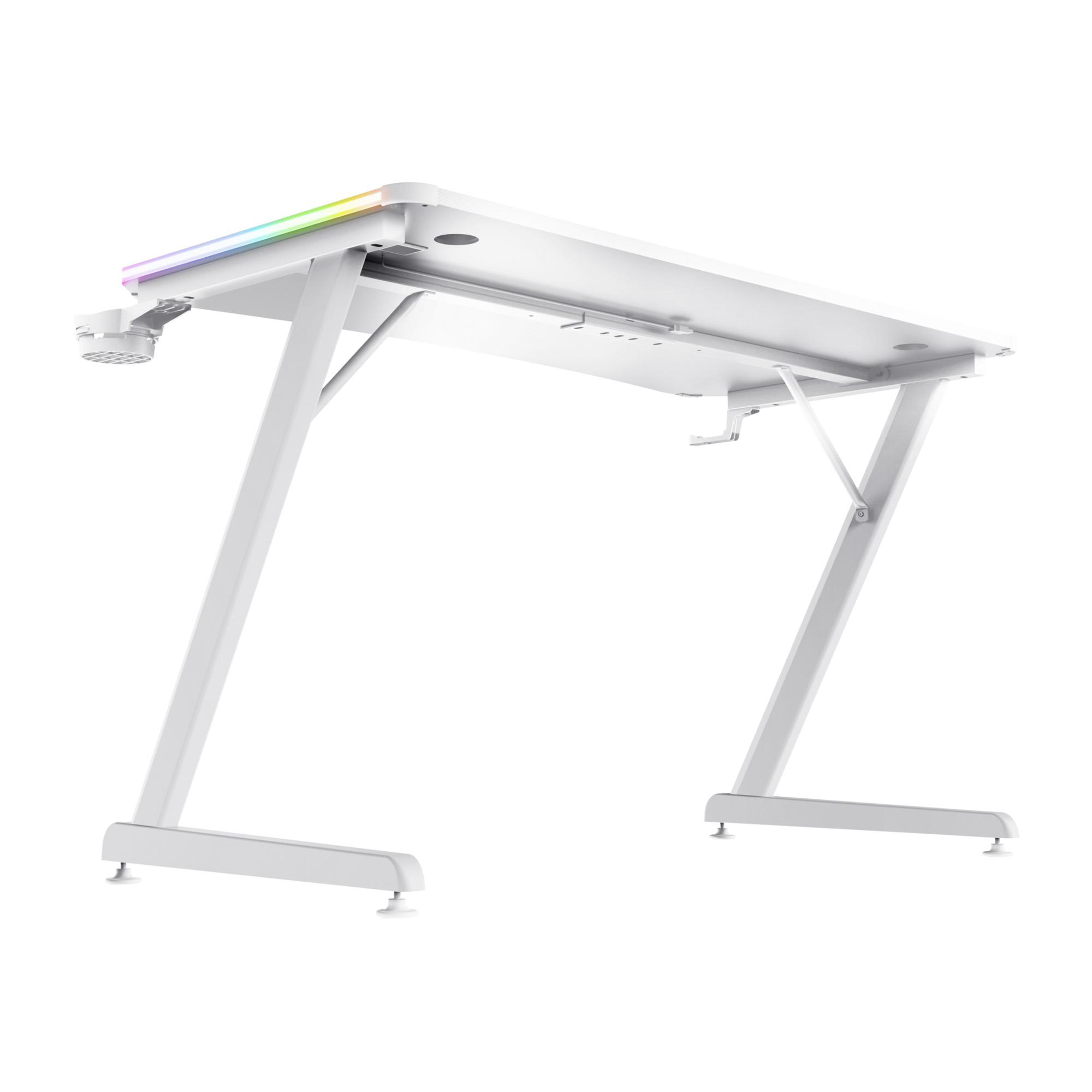 Ein weißer Gaming-Schreibtisch mit Z-förmigen Beinen und RGB-Beleuchtung am Rand.
