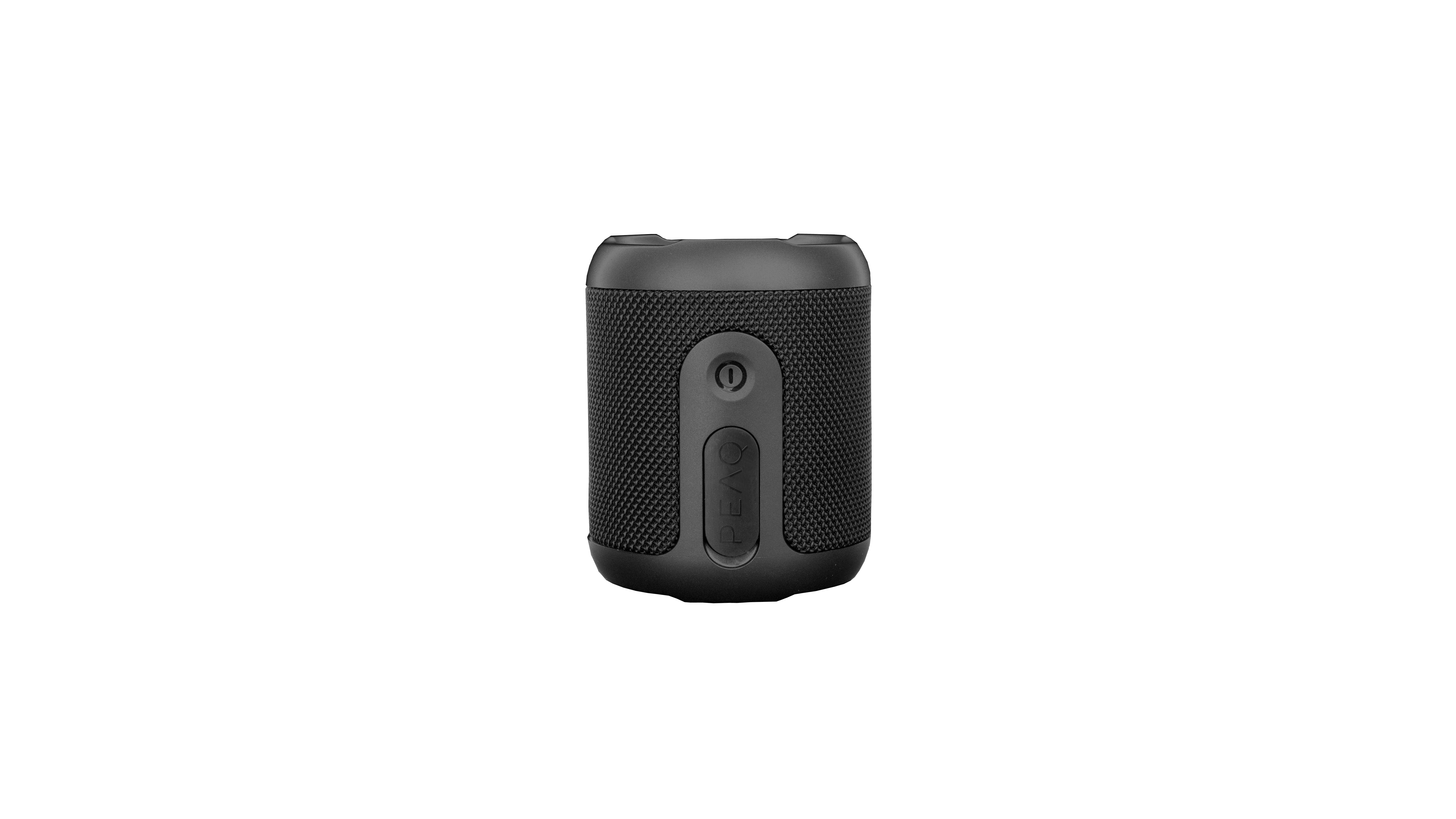 Ein kleiner schwarzer zylindrischer Bluetooth-Lautsprecher vor weißem Hintergrund mit vertikalen Bedienelementen.