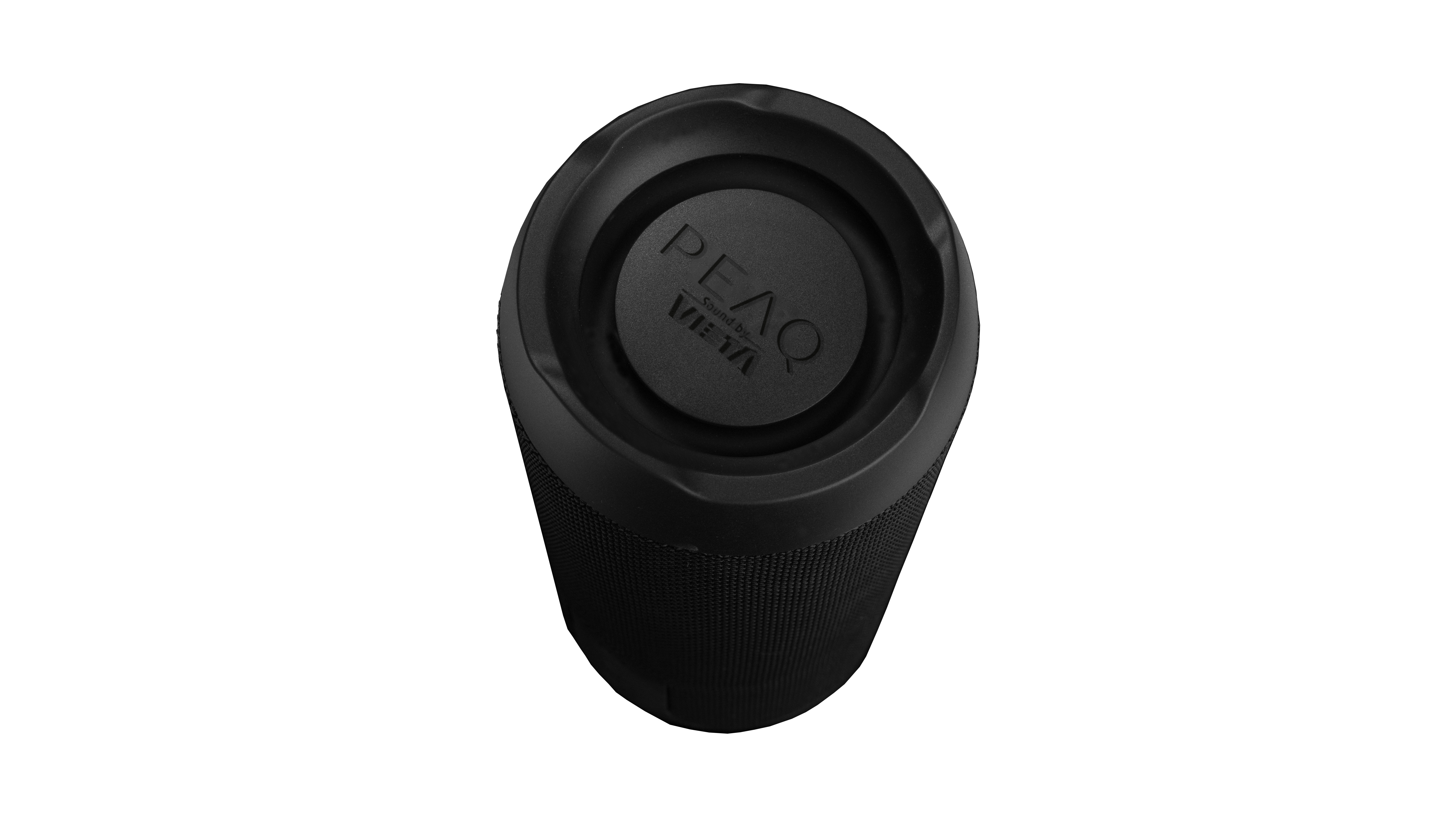 Ein zylindrischer schwarzer PEAQ Bluetooth-Lautsprecher von oben gesehen, mit dem Markenlogo.