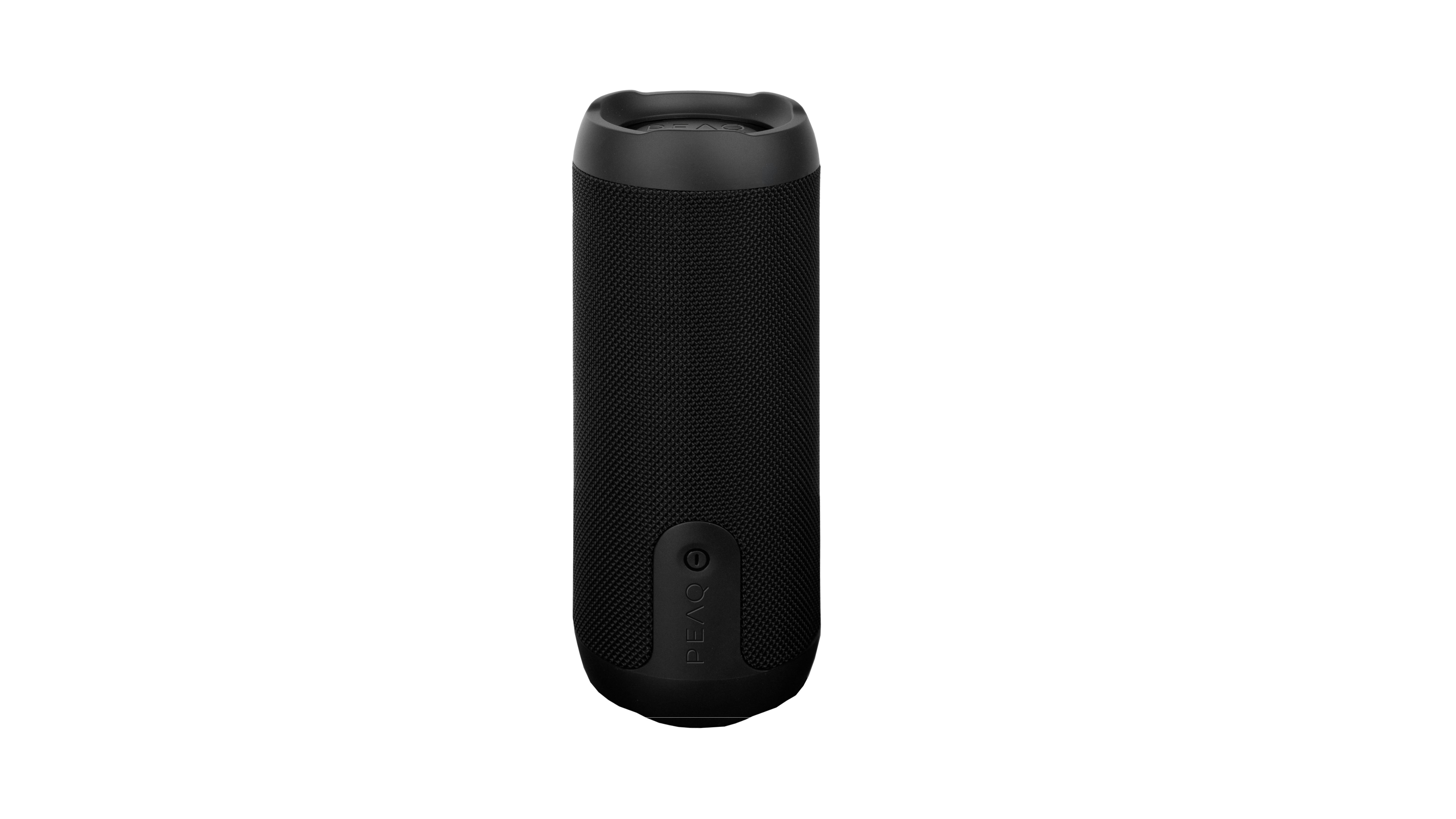 Ein zylindrischer schwarzer Bluetooth-Lautsprecher auf weißem Hintergrund mit Branding.