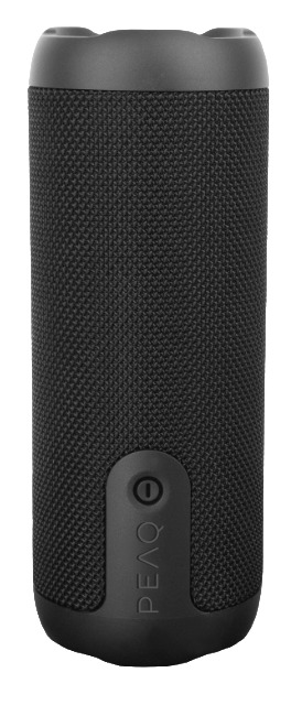 Ein schwarzer zylindrischer WLAN-Lautsprecher mit Mesh-Gewebe und Einschalttaste.