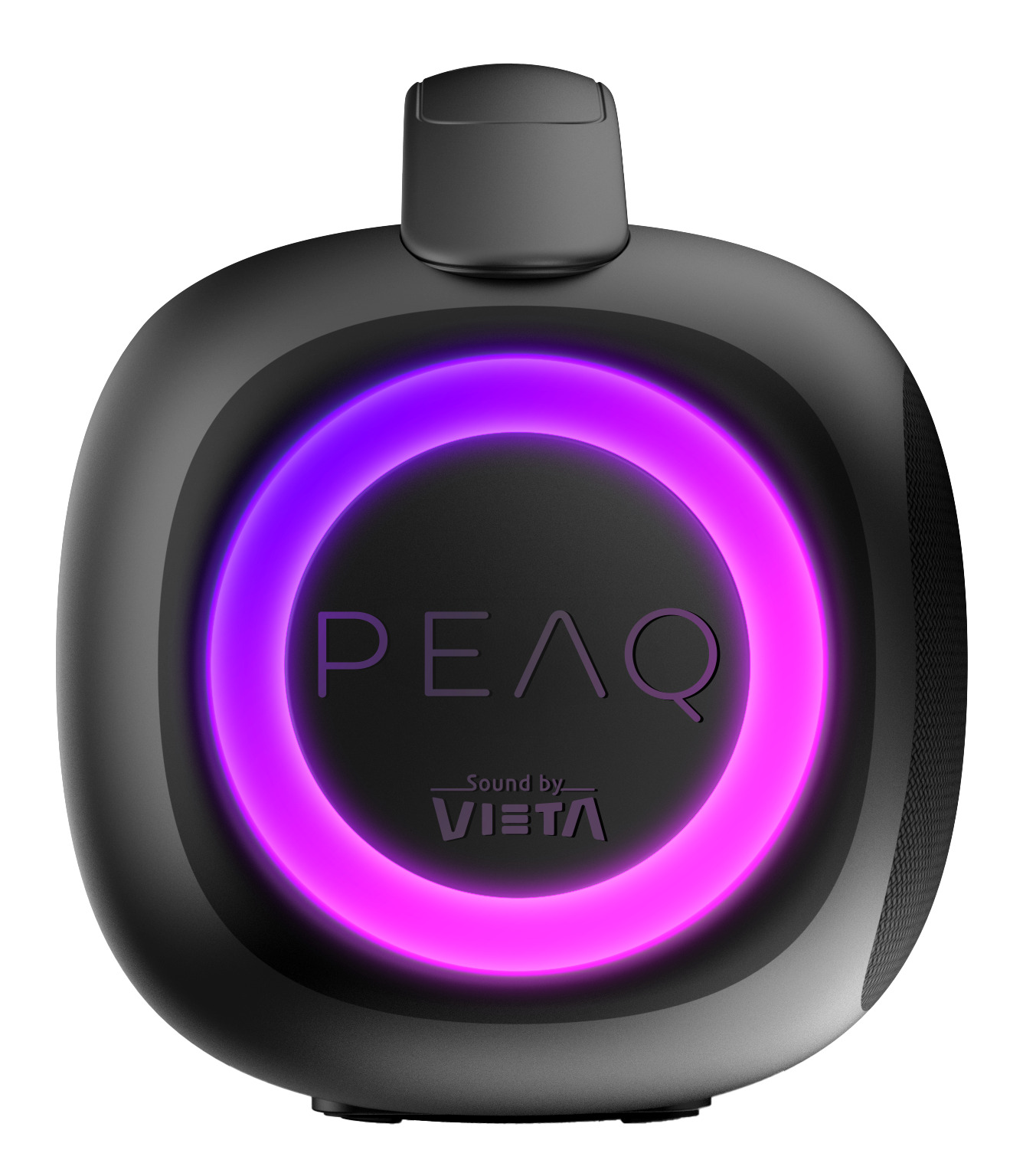 Schwarzer PEAQ-Lautsprecher mit leuchtendem violetten LED-Ring und Sound by VIETA-Logo auf weißem Hintergrund.