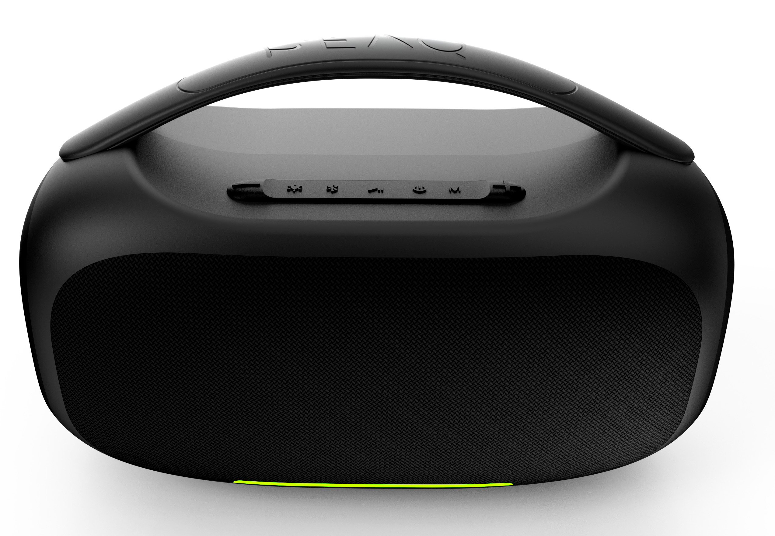 Schwarzer, tragbarer Bluetooth-Lautsprecher mit Griff und Tasten auf der Oberseite auf weißem Hintergrund.