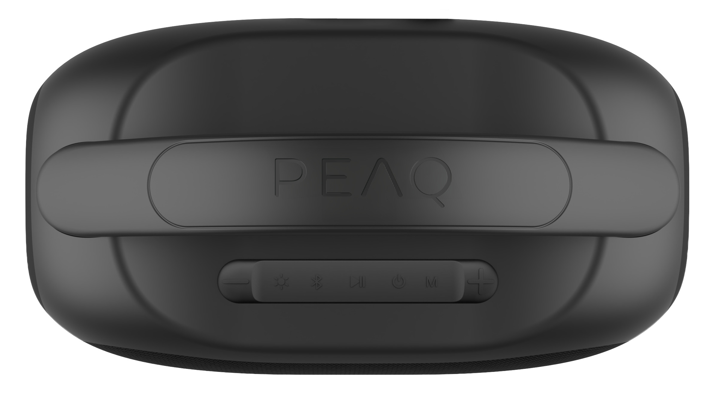 Top-Ansicht eines schwarzen PEAQ-Bluetooth-Lautsprechers mit Griff und Bedienknöpfen.