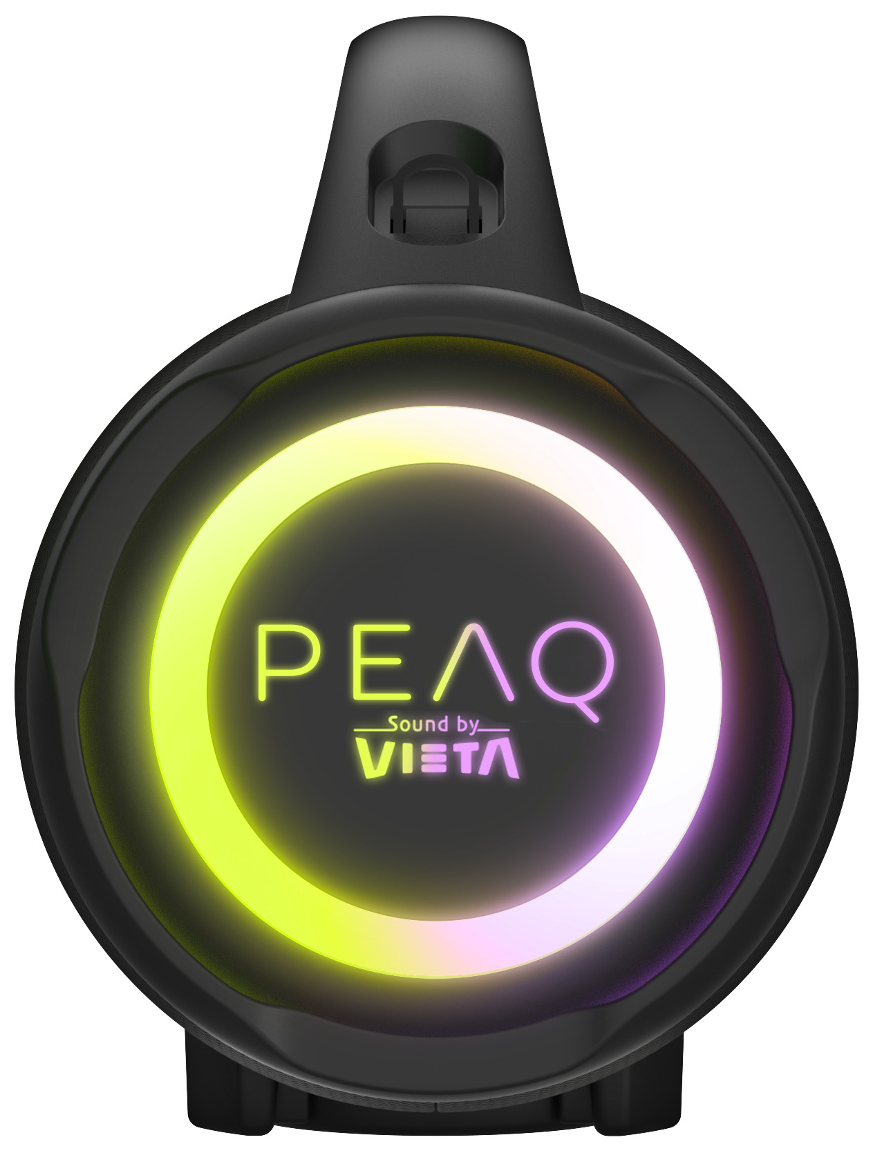 Schwarzer tragbarer Lautsprecher mit einem leuchtenden gelben und violetten LED-Ring und dem PEAQ-Logo.