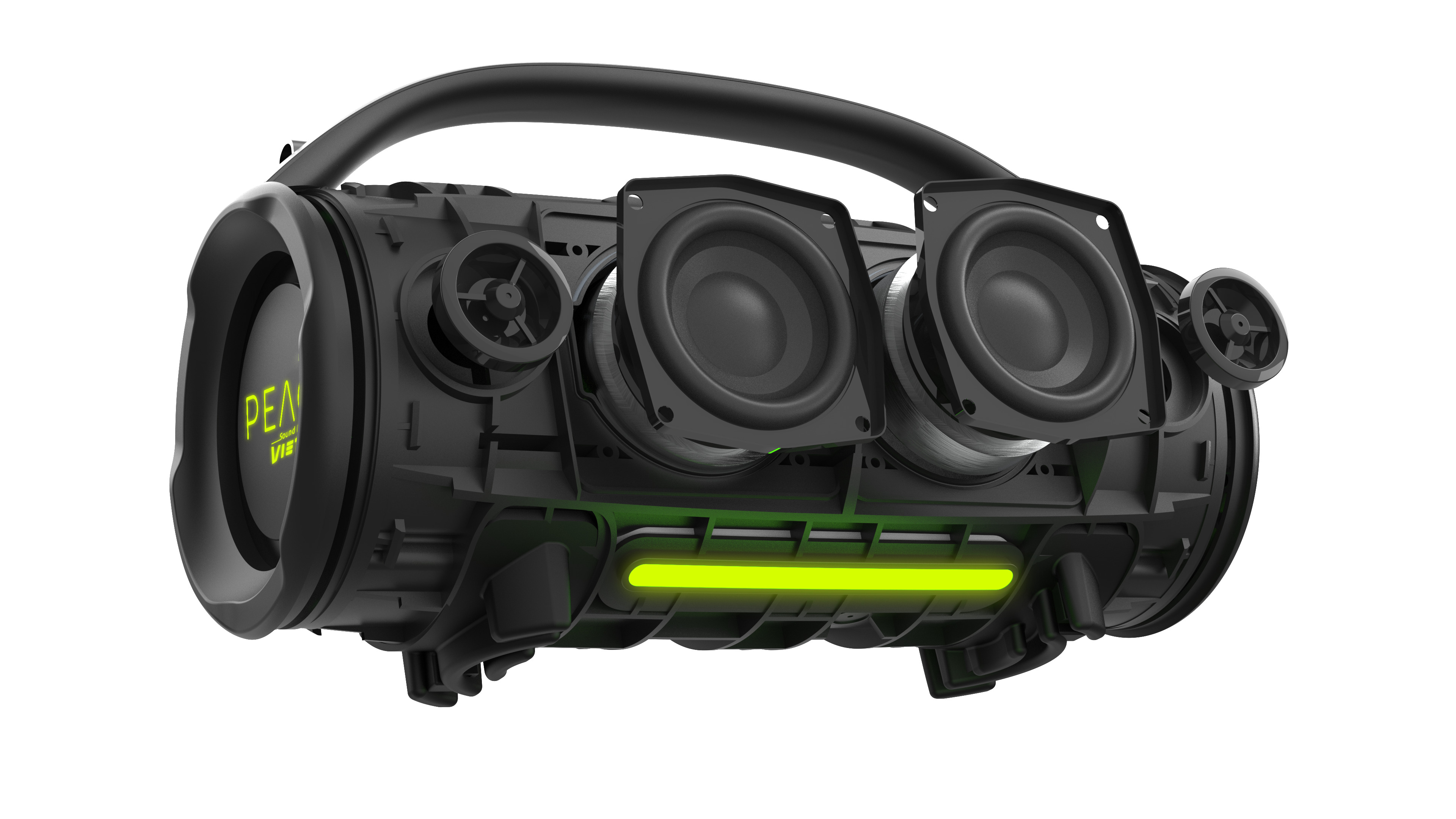 Ein schwarzer, zylindrischer Bluetooth-Lautsprecher mit freiliegenden Treibern und grünem Licht auf weißem Hintergrund.