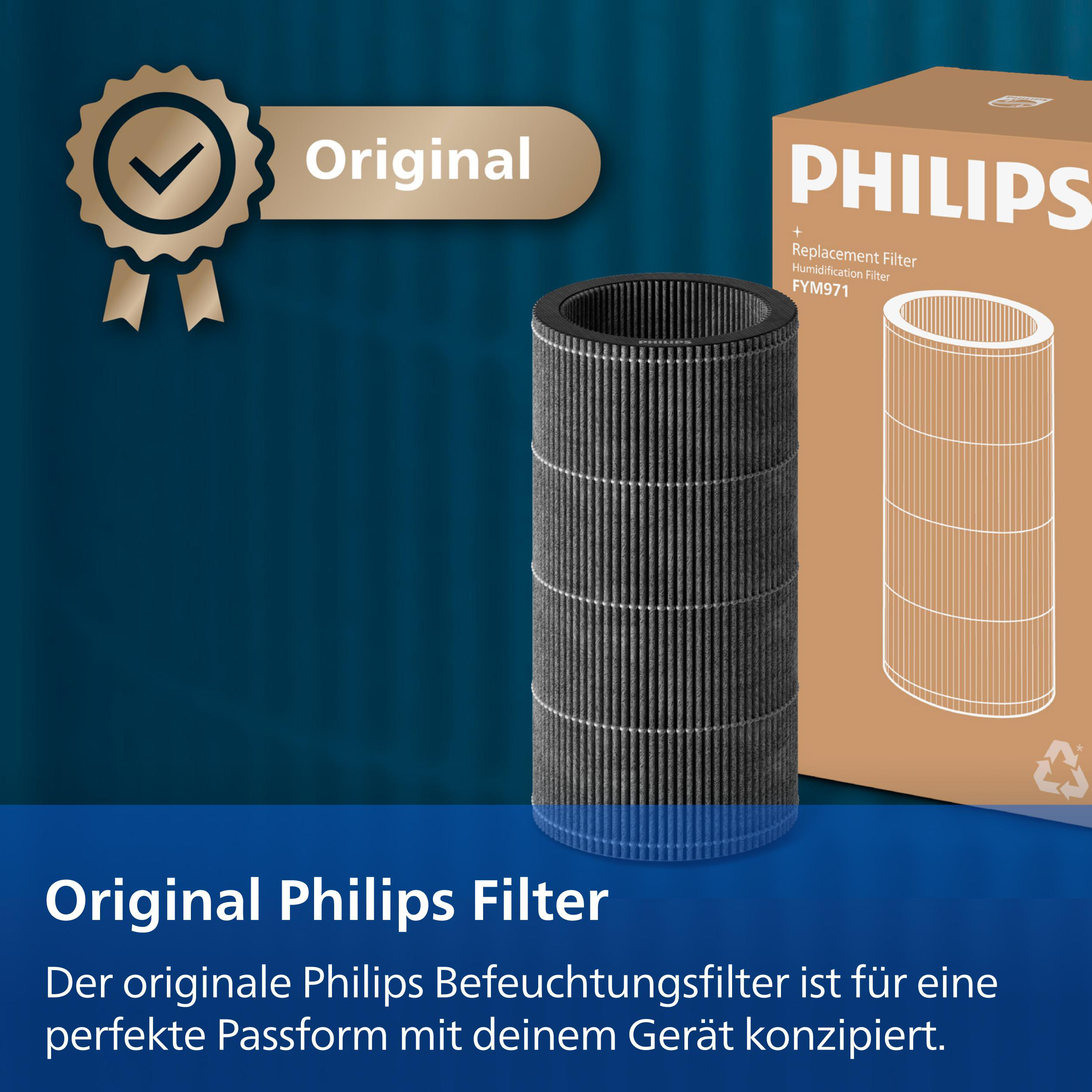 Ein zylindrischer schwarzer Philips Ersatzfilter steht vor einer Philips-Verpackung und einem Original-Siegel.