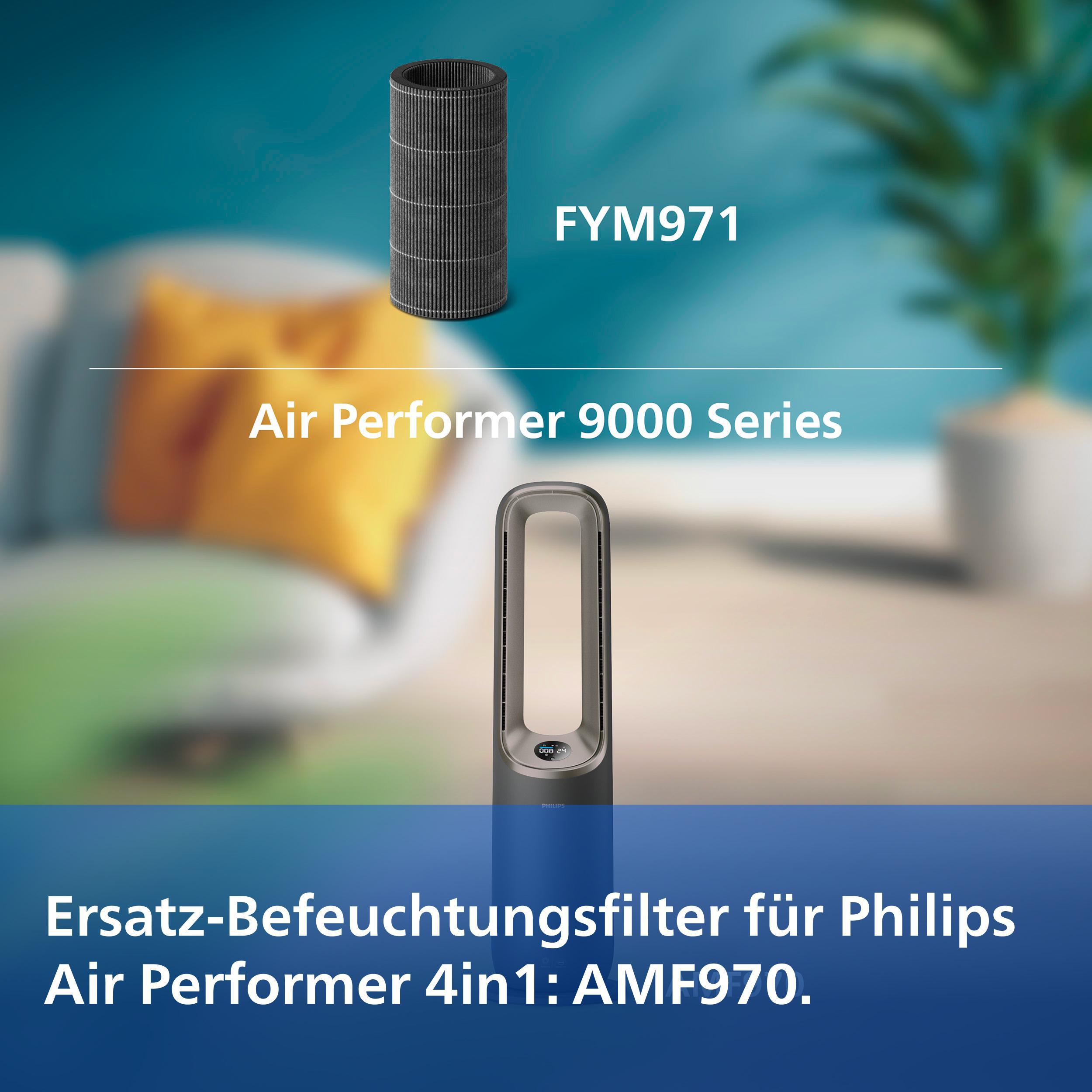 Ersatz-Befeuchtungsfilter für Philips Air Performer 4in1: AMF970, mit Filter und Gerät abgebildet.
