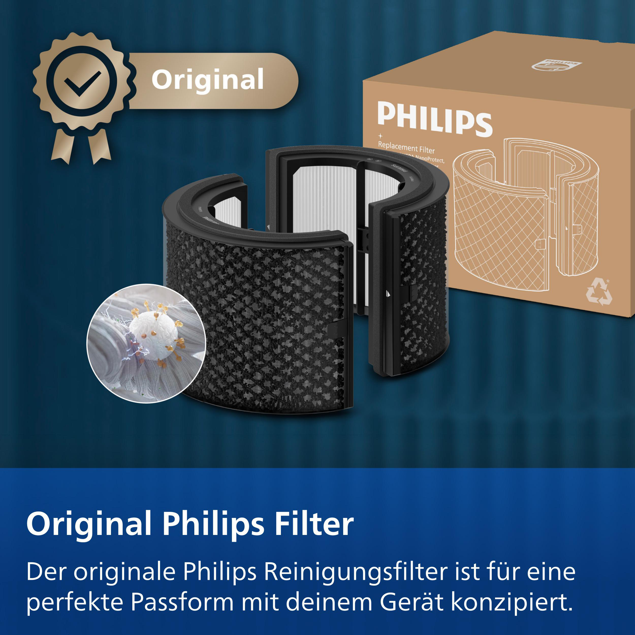 Originaler Philips Ersatzfilter mit Verpackung und vergrößerter Detailansicht auf blauem Hintergrund.