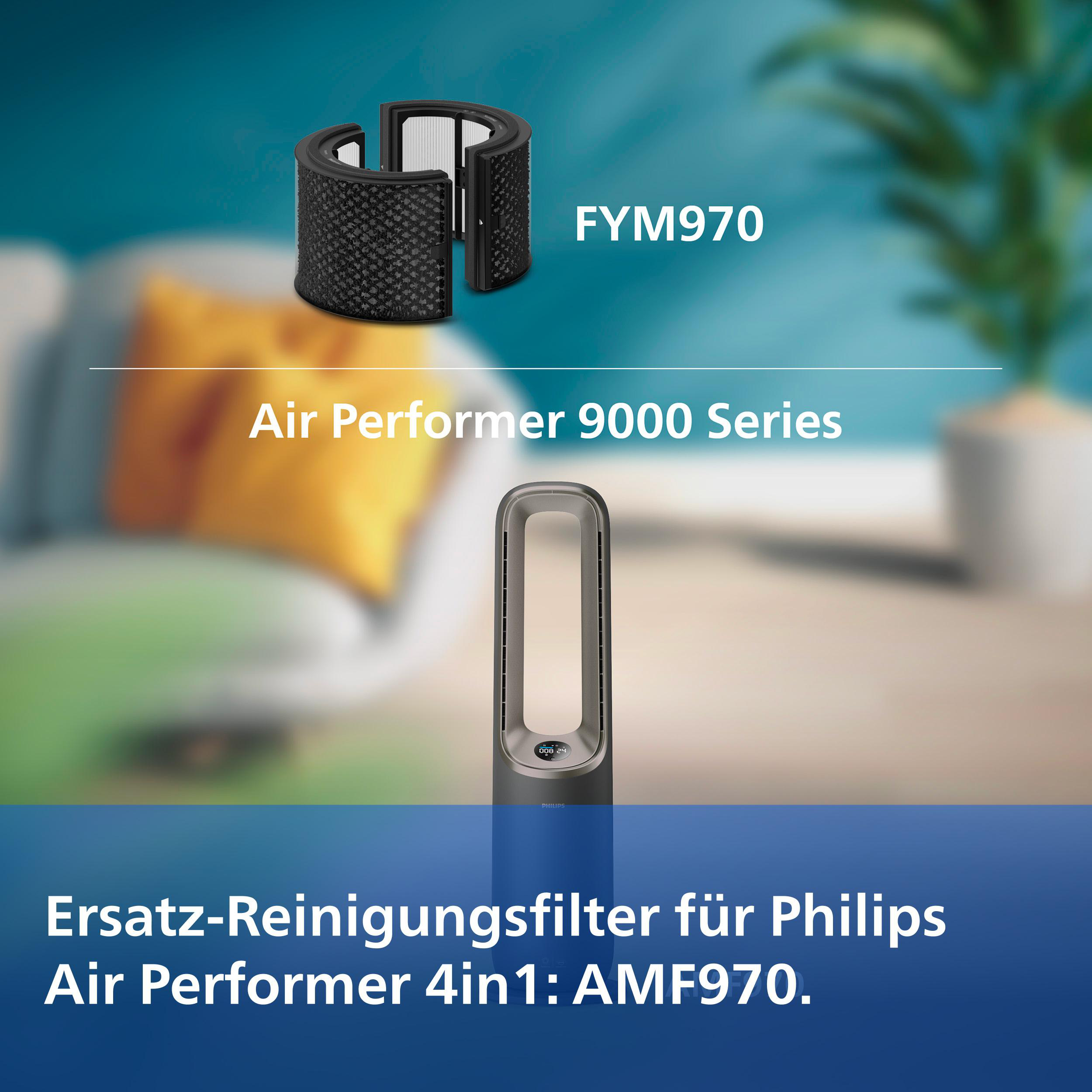 Ersatz-Reinigungsfilter FYM970 für den Philips Air Performer 9000 Series in einem Wohnzimmer.