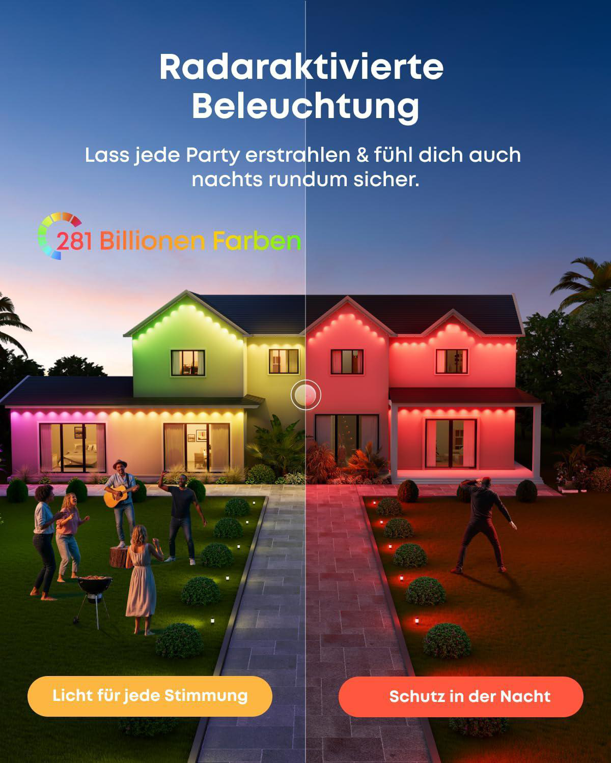 Ein zweigeteiltes Bild zeigt ein Haus mit bunter Beleuchtung, links feiern Menschen, rechts leuchtet rotes Licht.
