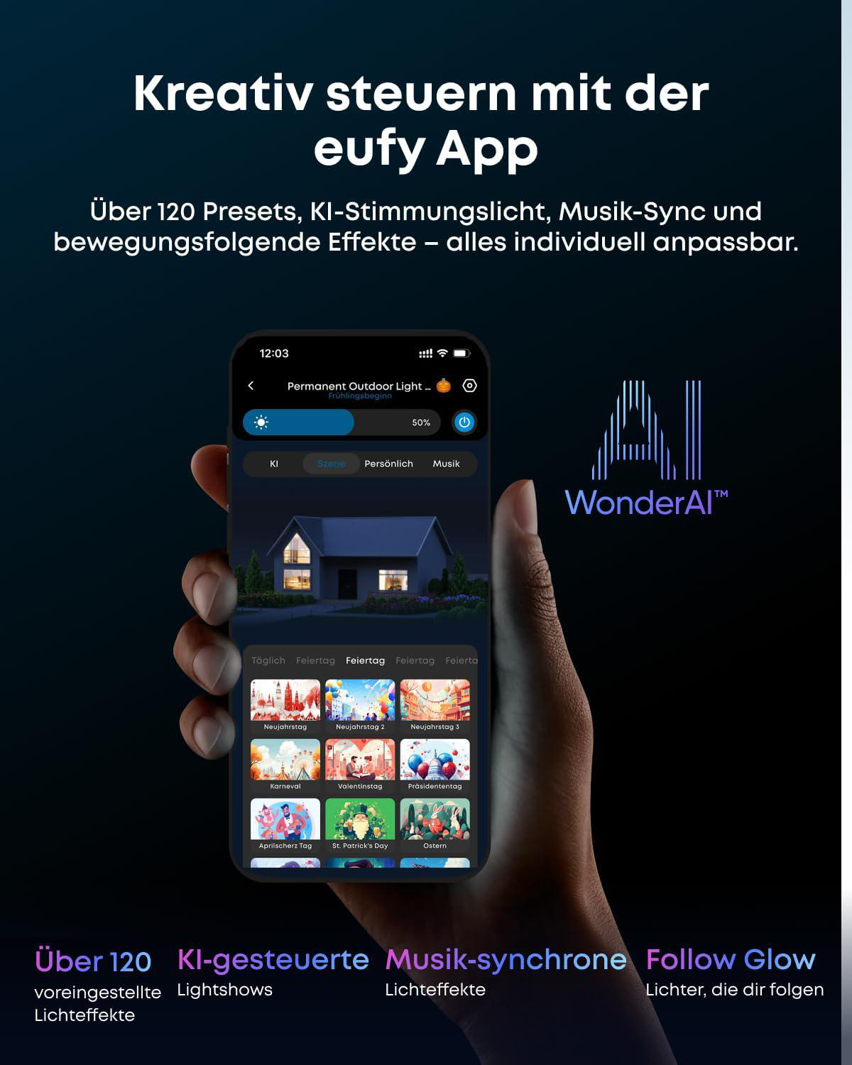 Hand hält Smartphone mit Eufy App, die farbige Außenbeleuchtung eines Hauses und Preset-Optionen anzeigt.