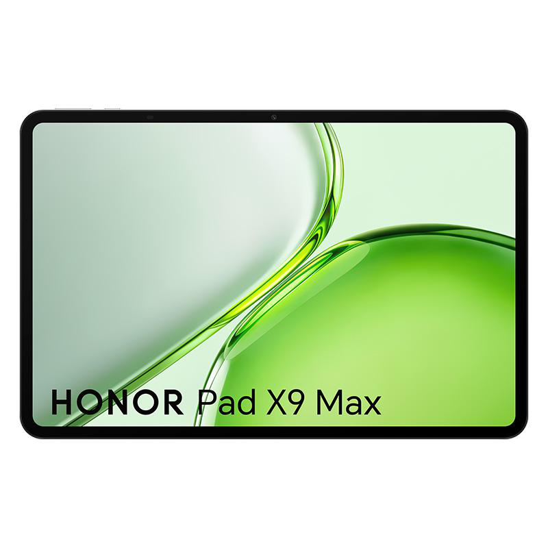 Vorderseite des HONOR Pad X9 Max Tablets mit grünem abstrakten Hintergrundbild und Produkttext vor weißem Hintergrund.